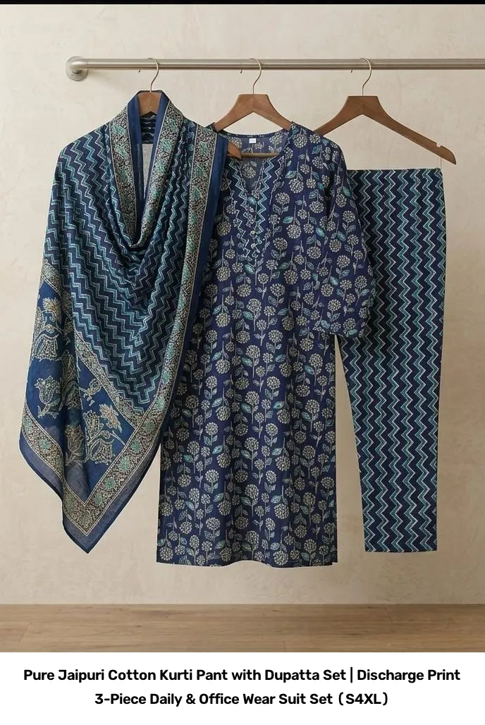 Pure Jaipuri Cotton Kurti Pant with Dupatta Set | Discharge Print 3-Piece Daily & Office Wear Suit Set (S–4XL) 4