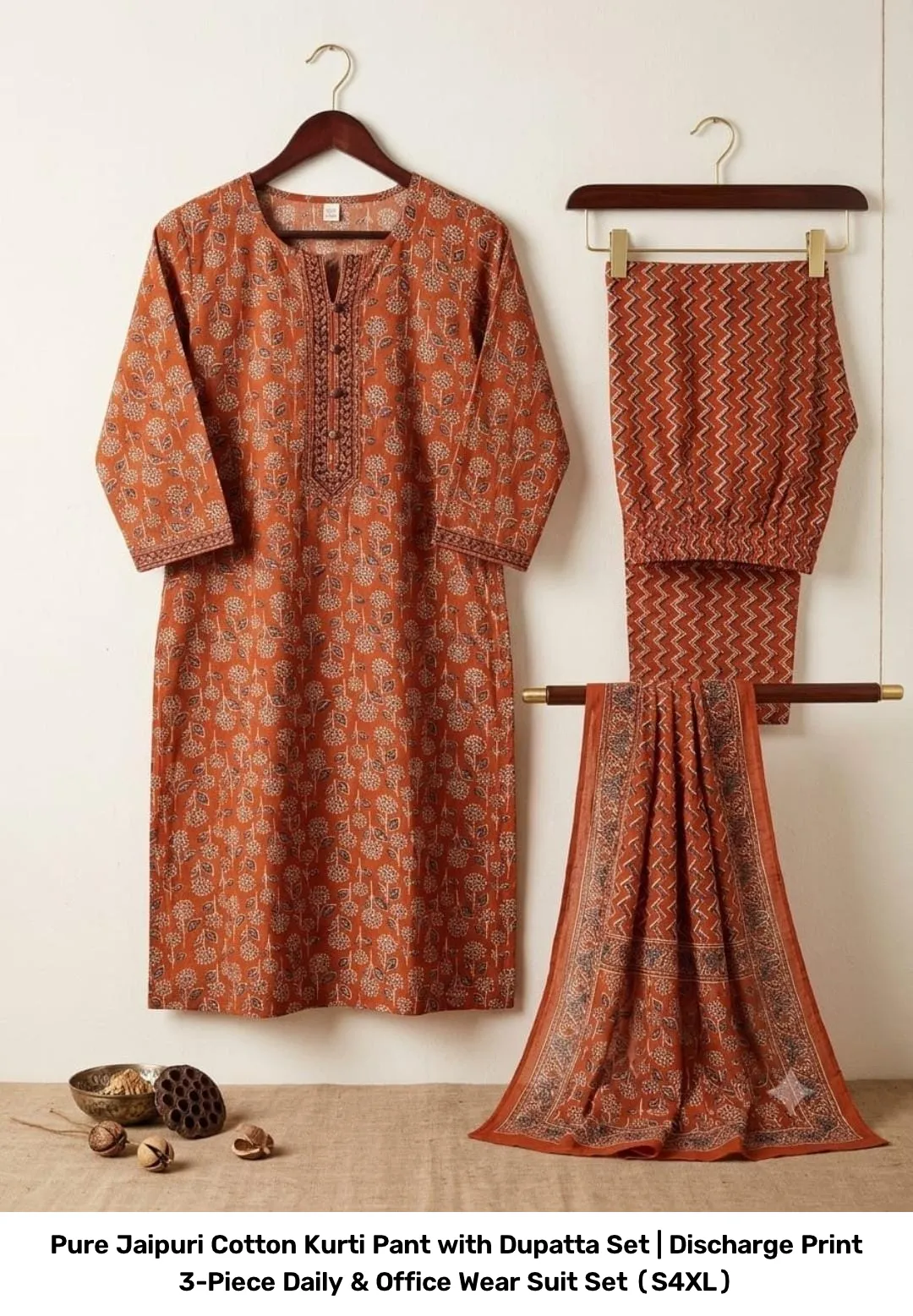Pure Jaipuri Cotton Kurti Pant with Dupatta Set | Discharge Print 3-Piece Daily & Office Wear Suit Set (S–4XL) 5