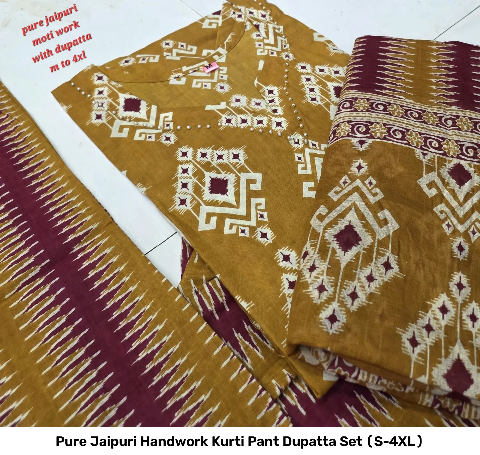 Pure Jaipuri Handwork Kurti Pant Dupatta Set (S-4XL) 2