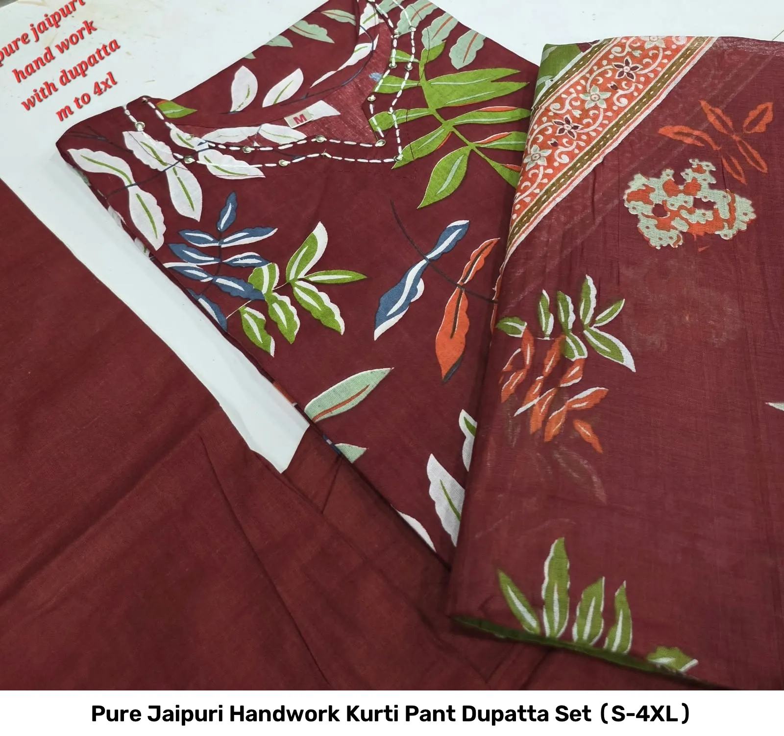 Pure Jaipuri Handwork Kurti Pant Dupatta Set (S-4XL) 3
