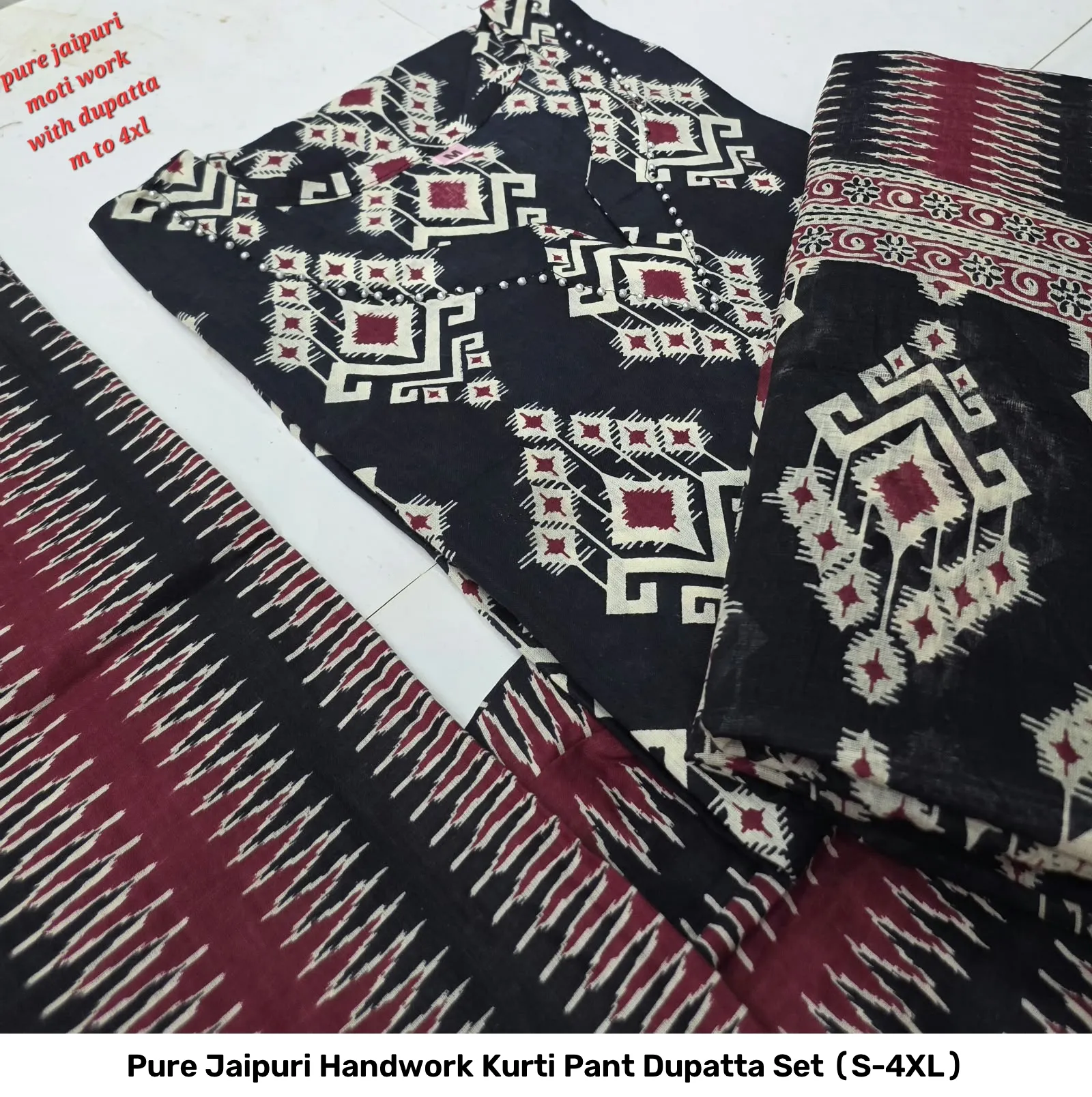 Pure Jaipuri Handwork Kurti Pant Dupatta Set (S-4XL) 4