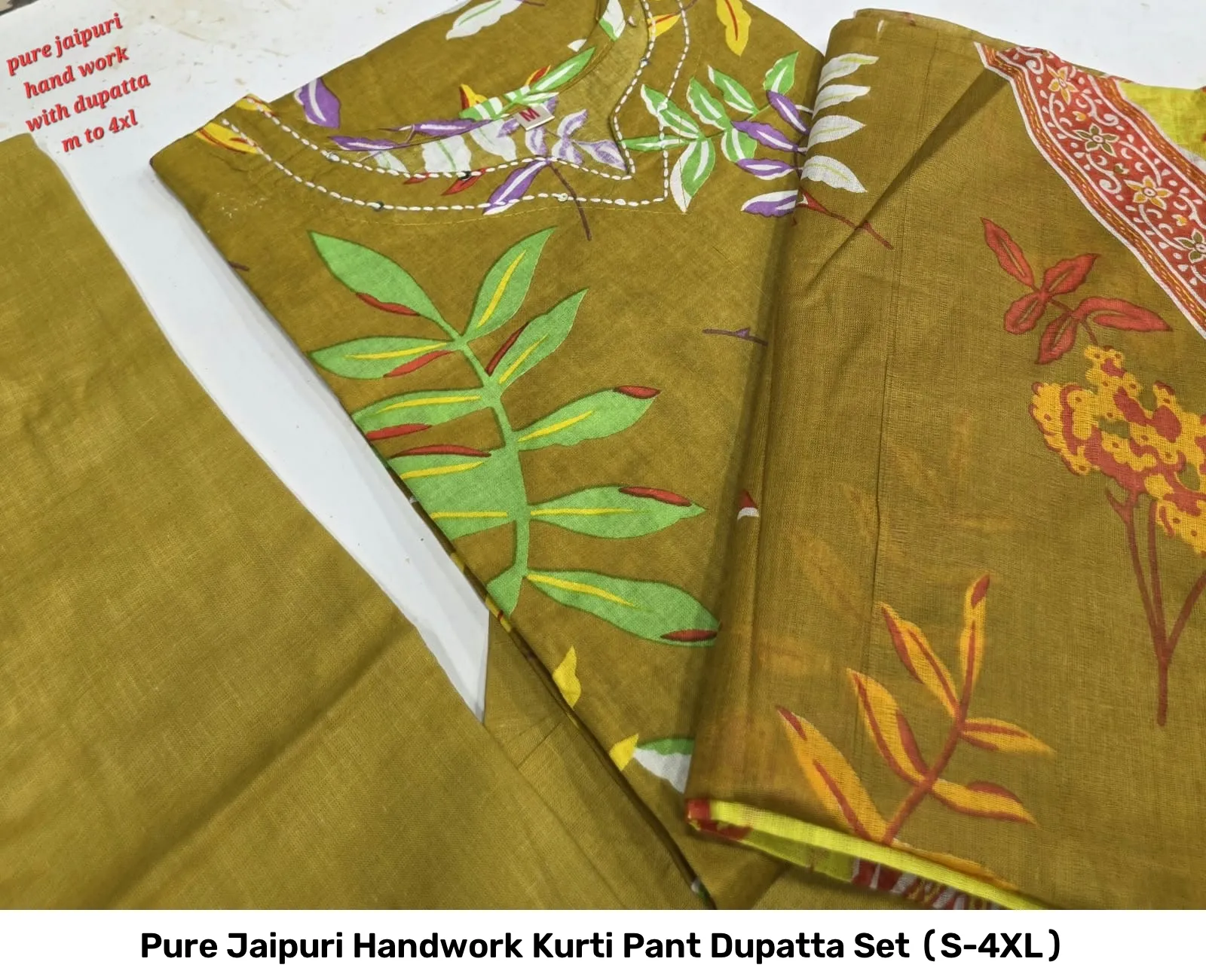 Pure Jaipuri Handwork Kurti Pant Dupatta Set (S-4XL) 5