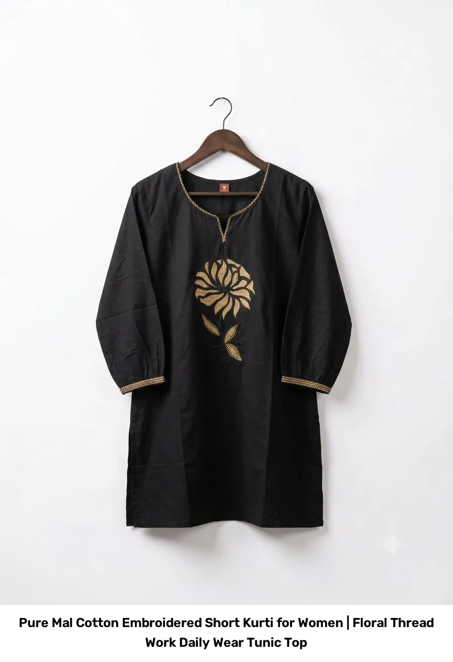 Pure Mal Cotton Embroidered Short Kurti for Women | Floral Thread Work Daily Wear Tunic Top 2