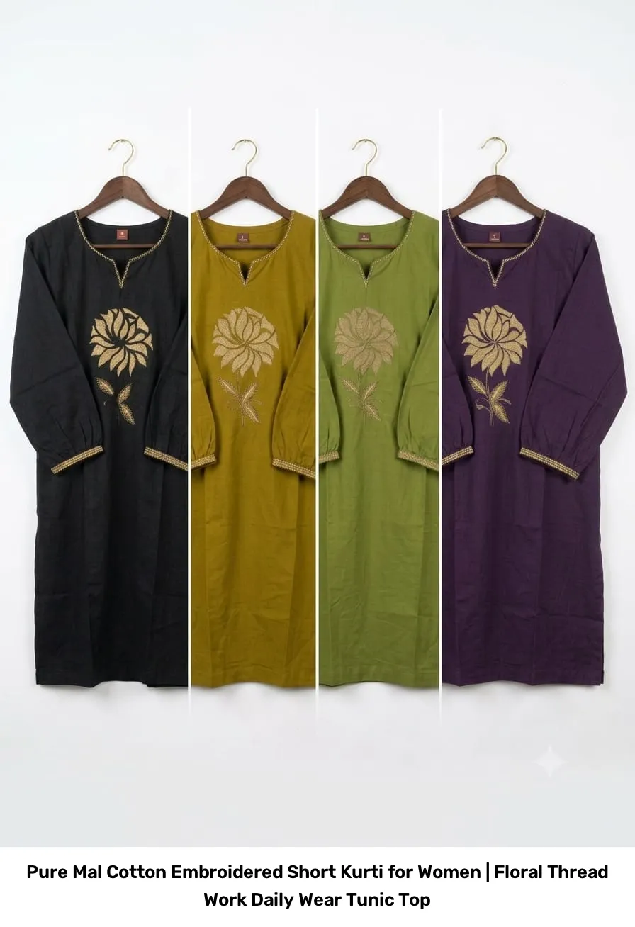 Pure Mal Cotton Embroidered Short Kurti for Women | Floral Thread Work Daily Wear Tunic Top 3