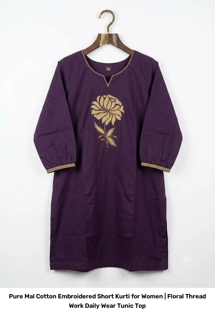 Pure Mal Cotton Embroidered Short Kurti for Women | Floral Thread Work Daily Wear Tunic Top 4