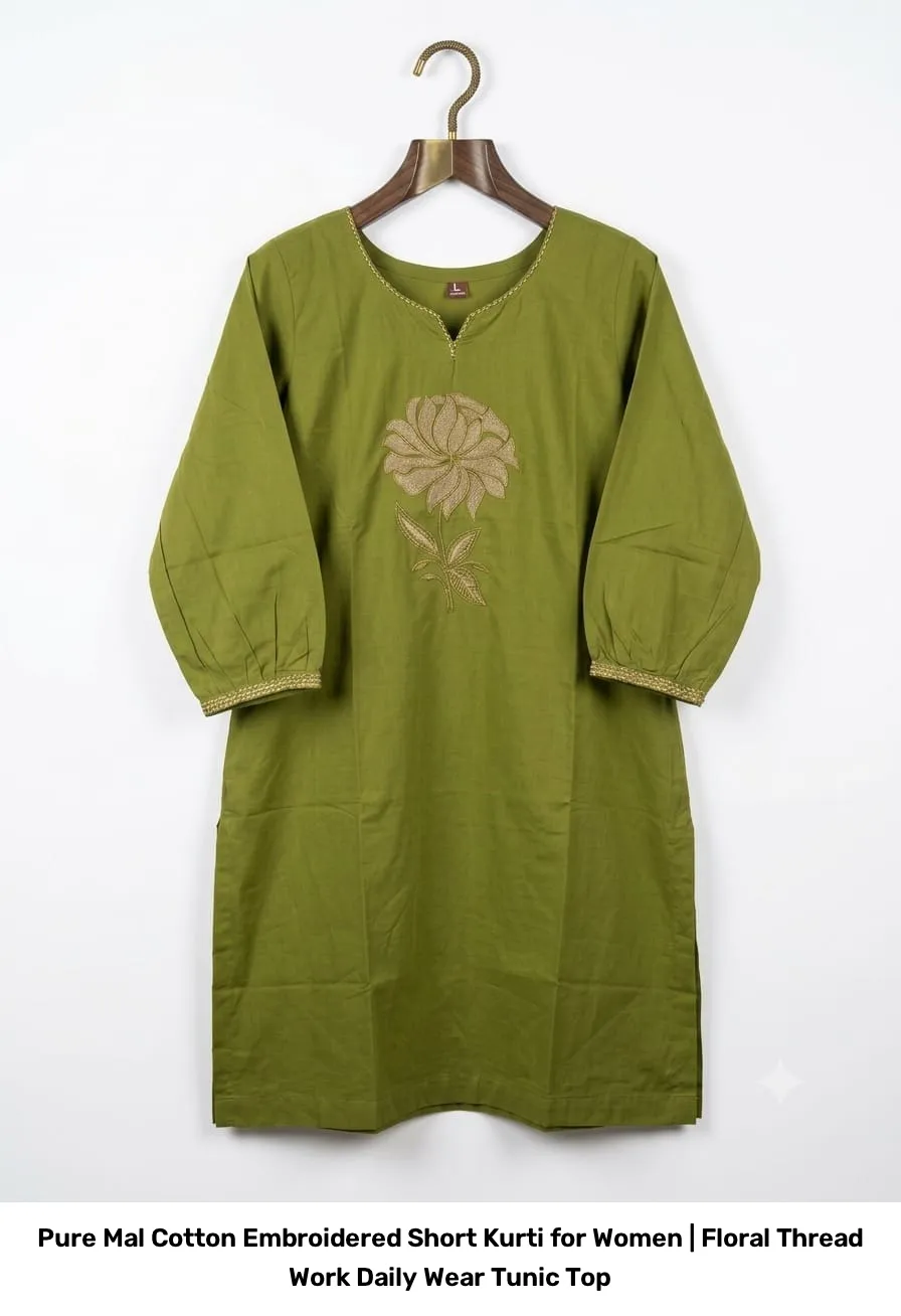 Pure Mal Cotton Embroidered Short Kurti for Women | Floral Thread Work Daily Wear Tunic Top 5
