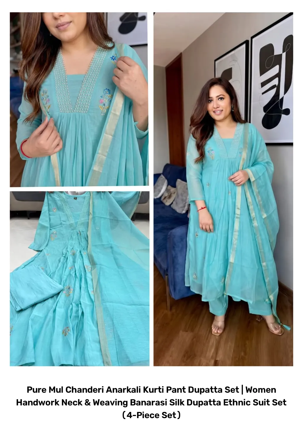 Pure Mul Chanderi Anarkali Kurti Pant Dupatta Set | Women Handwork Neck & Weaving Banarasi Silk Dupatta Ethnic Suit Set (4-Piece Set) 2
