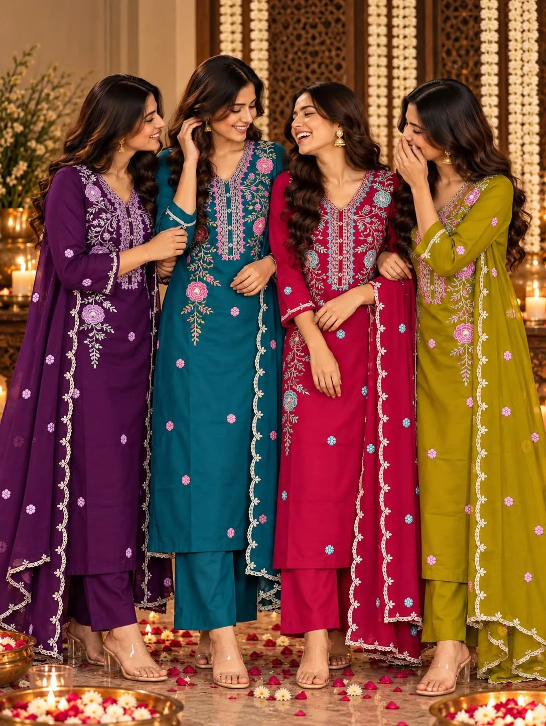Pure Mul Chanderi Embroidered Kurta Pant Set with Scalloped Dupatta | 3-Piece Festive Suit Set for Women