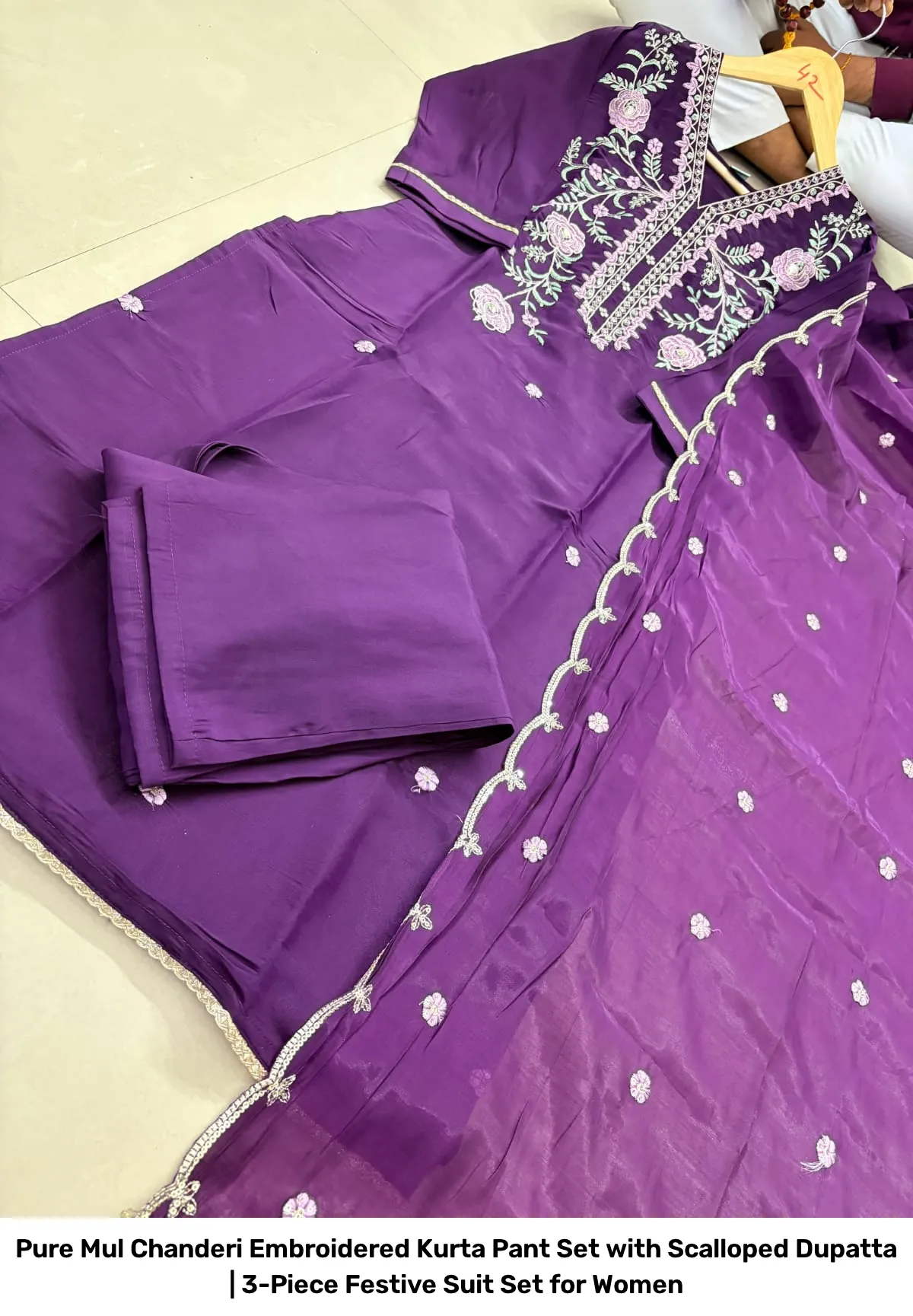 Pure Mul Chanderi Embroidered Kurta Pant Set with Scalloped Dupatta | 3-Piece Festive Suit Set for Women 2