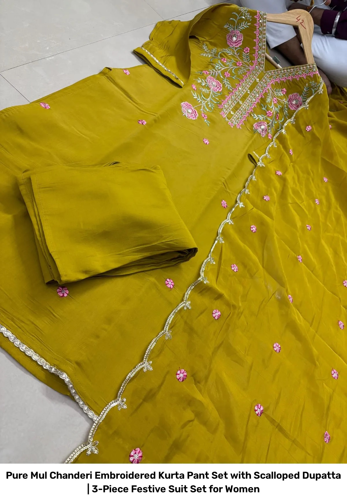 Pure Mul Chanderi Embroidered Kurta Pant Set with Scalloped Dupatta | 3-Piece Festive Suit Set for Women 3