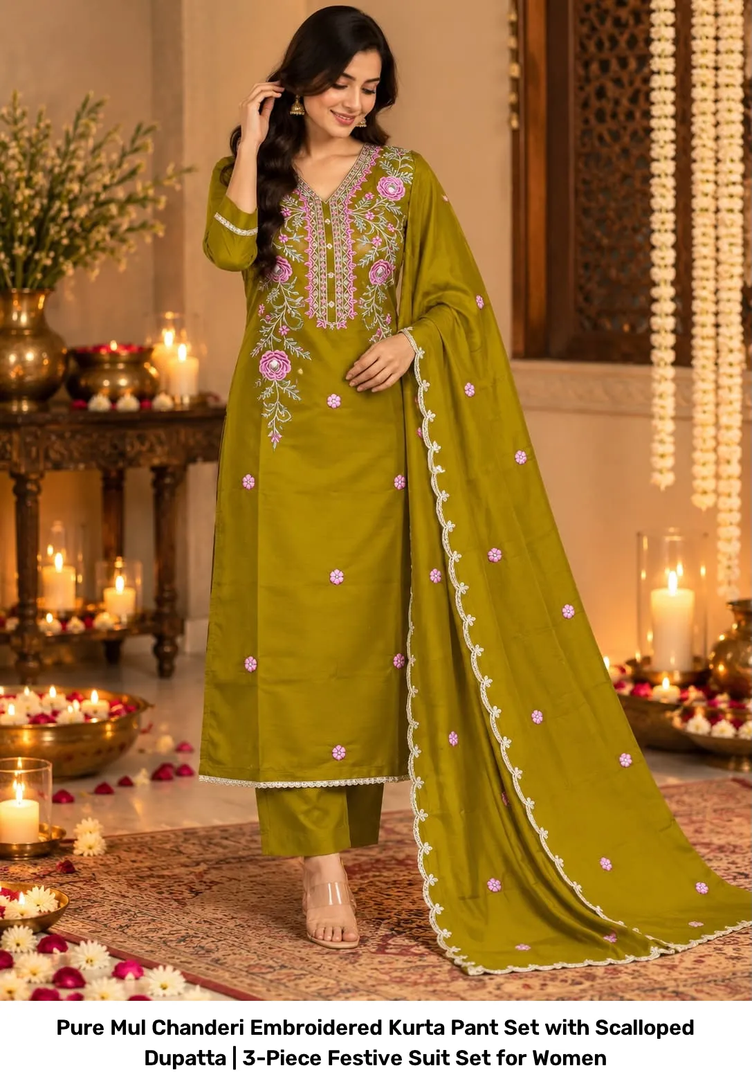 Pure Mul Chanderi Embroidered Kurta Pant Set with Scalloped Dupatta | 3-Piece Festive Suit Set for Women 4