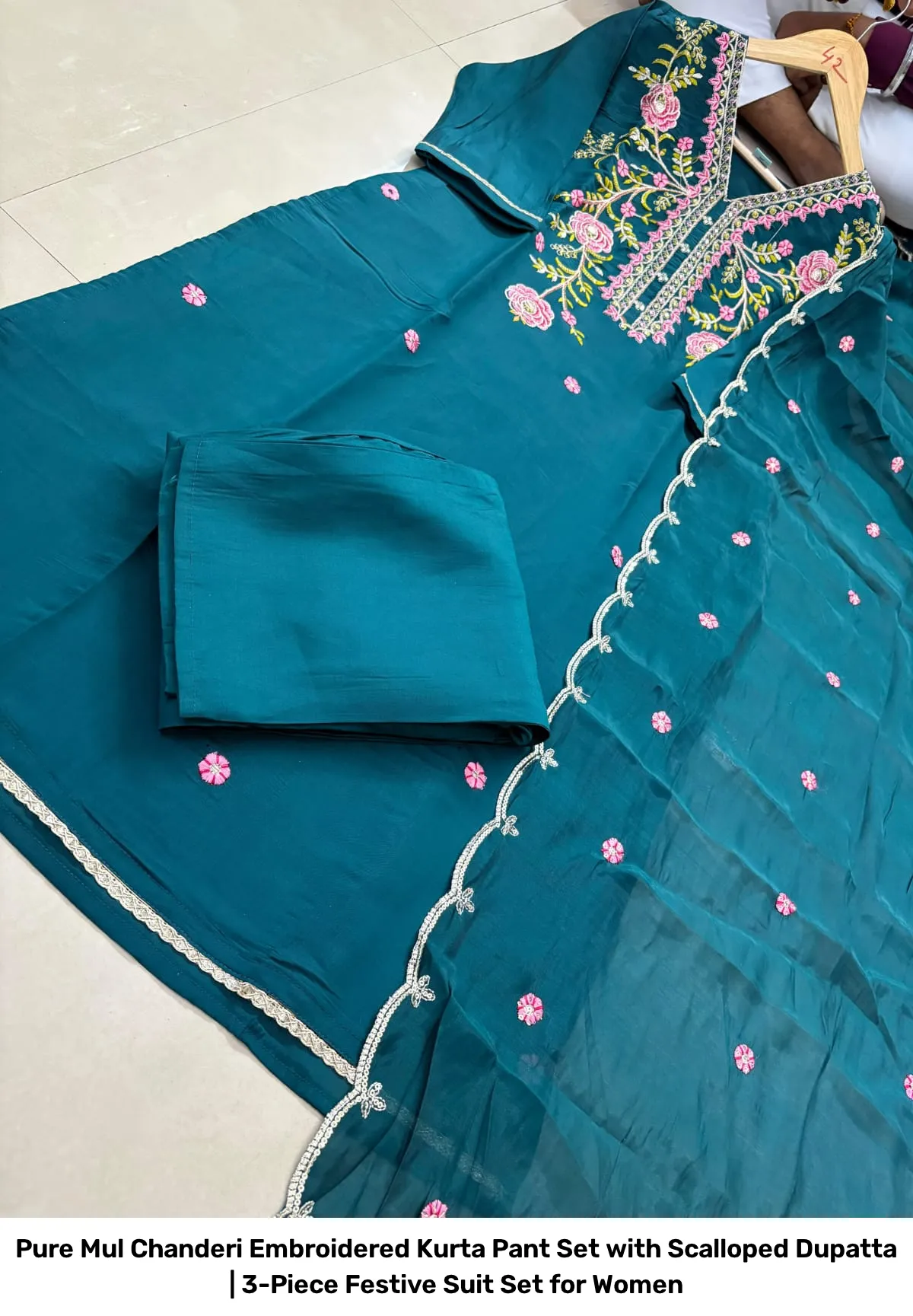 Pure Mul Chanderi Embroidered Kurta Pant Set with Scalloped Dupatta | 3-Piece Festive Suit Set for Women 5