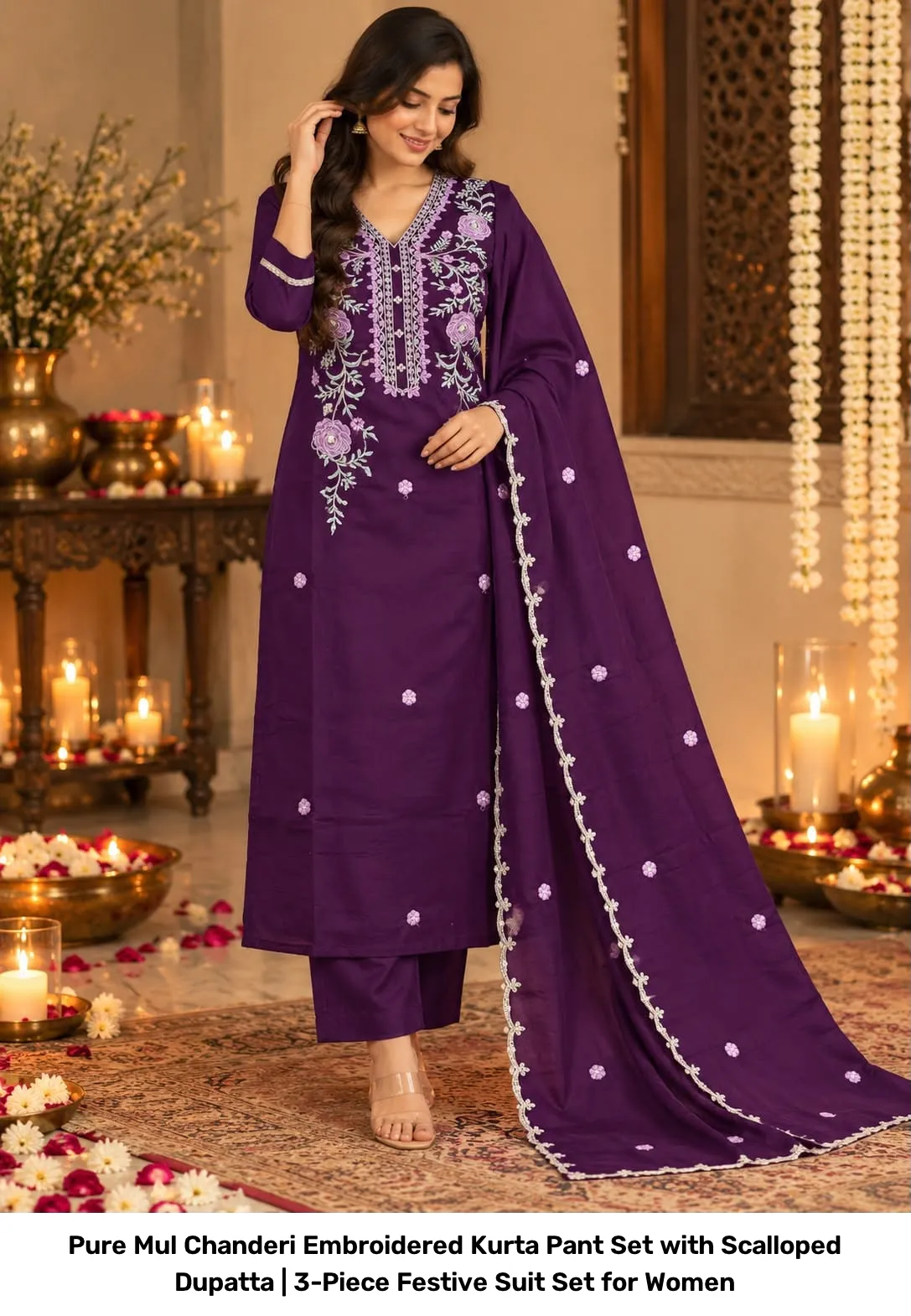 Pure Mul Chanderi Embroidered Kurta Pant Set with Scalloped Dupatta | 3-Piece Festive Suit Set for Women 6