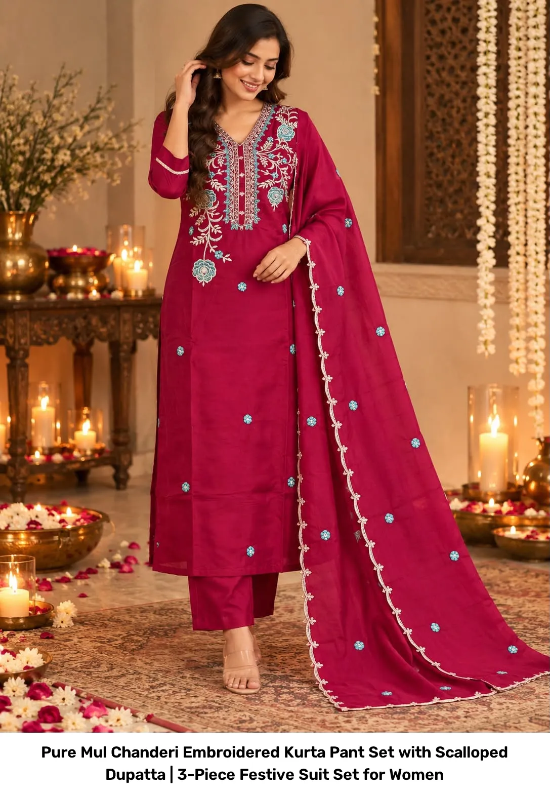 Pure Mul Chanderi Embroidered Kurta Pant Set with Scalloped Dupatta | 3-Piece Festive Suit Set for Women 7