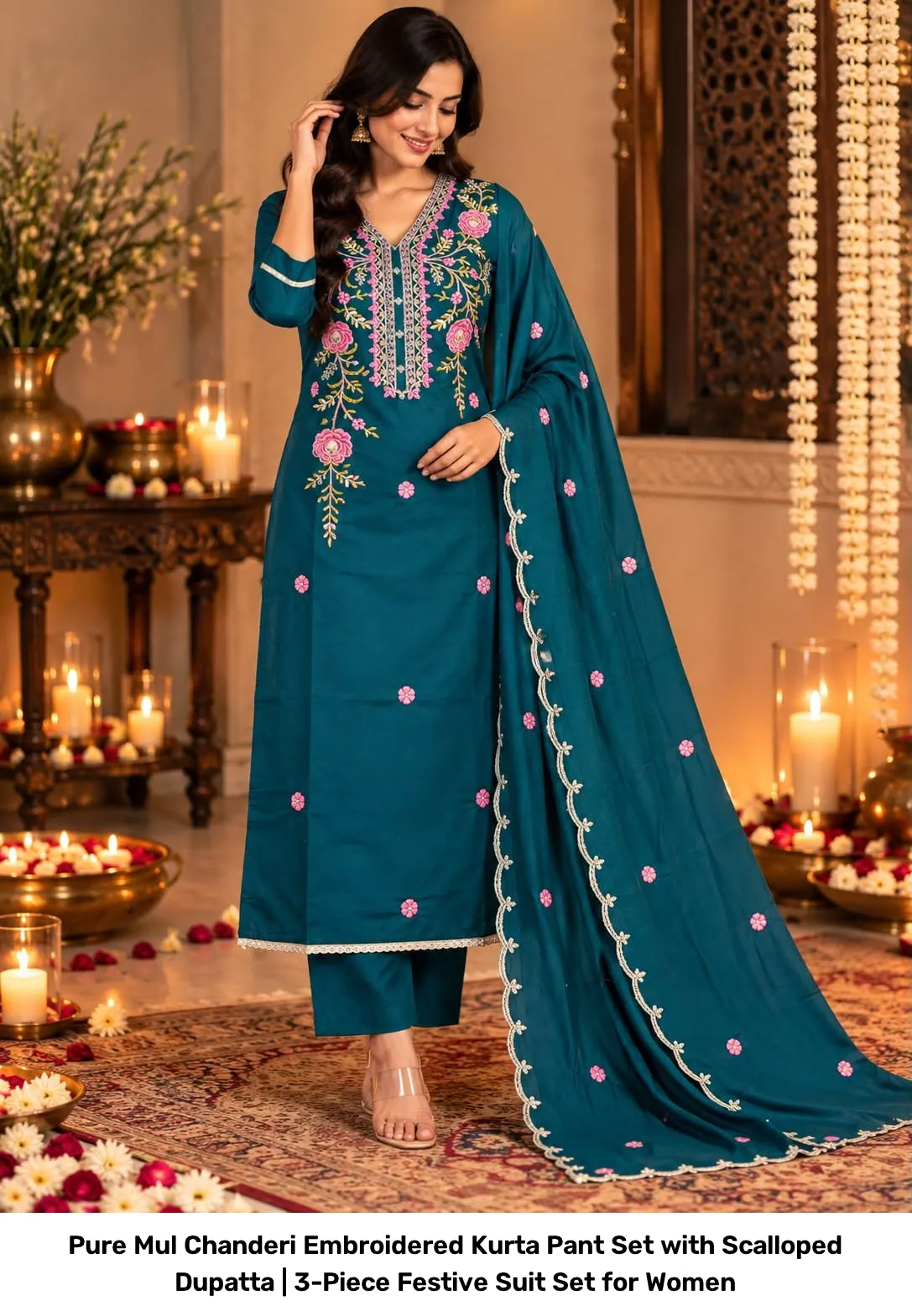 Pure Mul Chanderi Embroidered Kurta Pant Set with Scalloped Dupatta | 3-Piece Festive Suit Set for Women 8