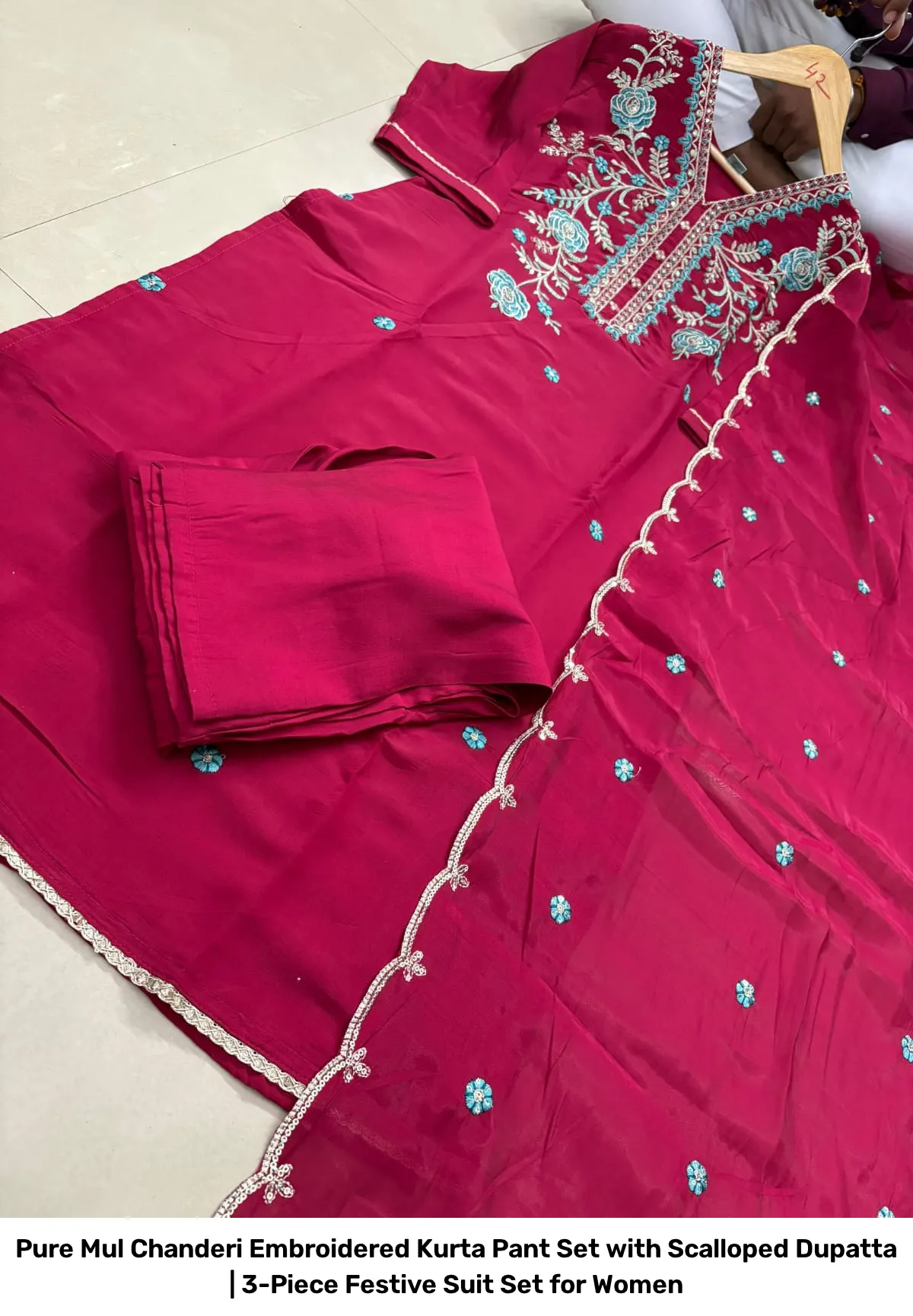 Pure Mul Chanderi Embroidered Kurta Pant Set with Scalloped Dupatta | 3-Piece Festive Suit Set for Women 9