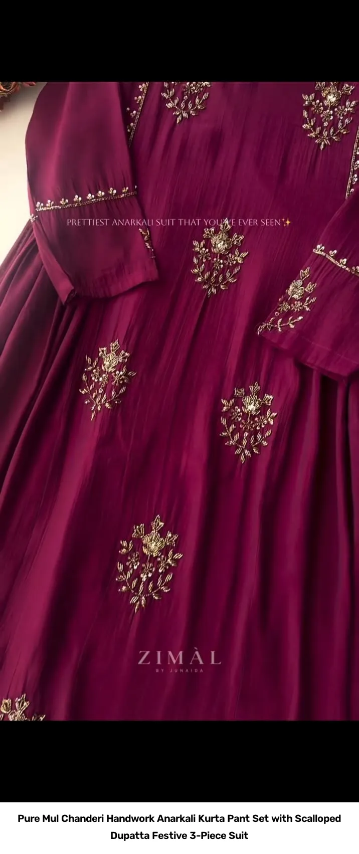 Pure Mul Chanderi Handwork Anarkali Kurta Pant Set with Scalloped Dupatta – Festive 3-Piece Suit 2