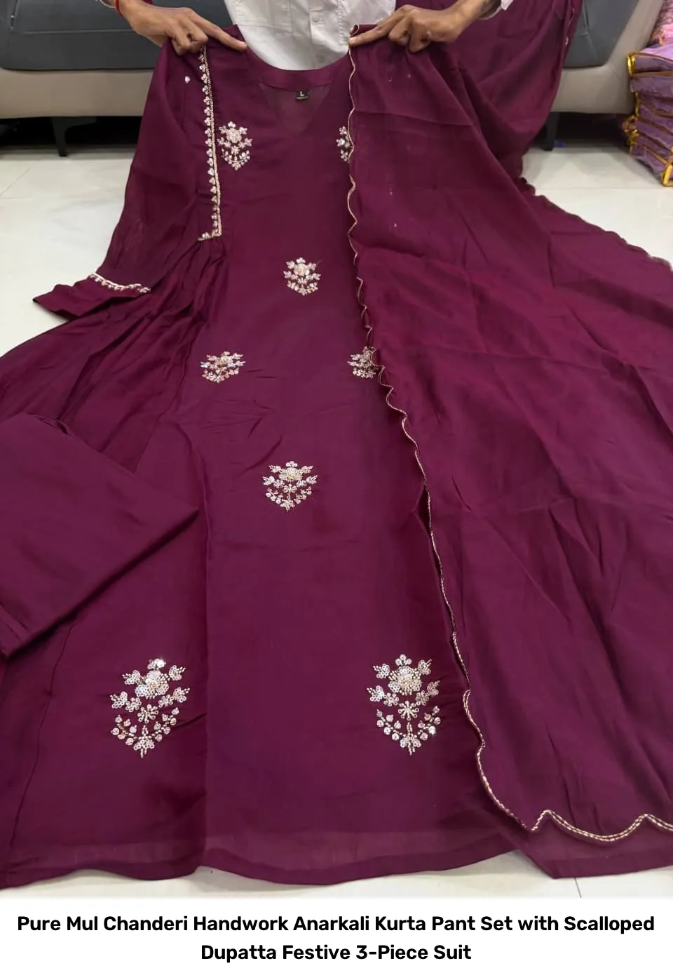 Pure Mul Chanderi Handwork Anarkali Kurta Pant Set with Scalloped Dupatta – Festive 3-Piece Suit 3