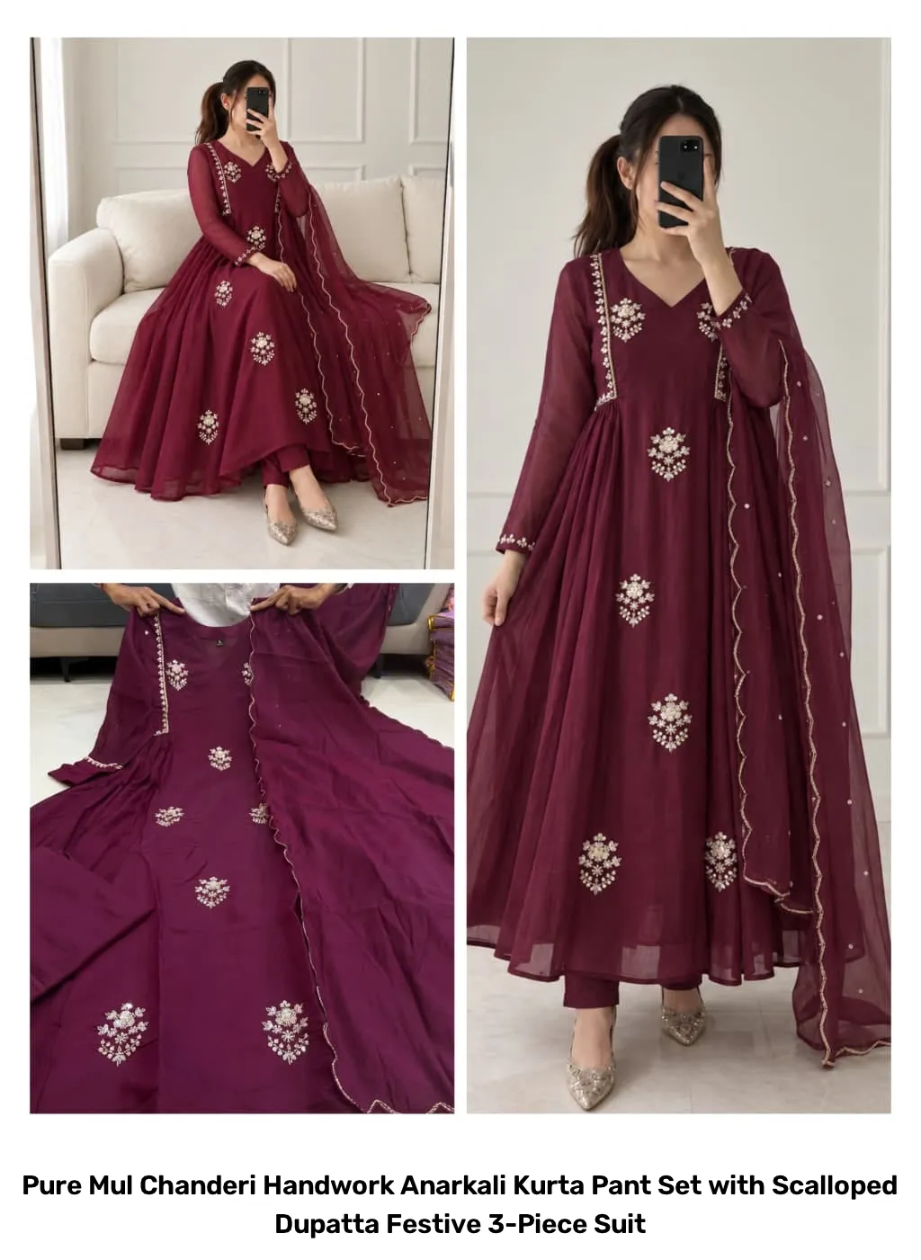 Pure Mul Chanderi Handwork Anarkali Kurta Pant Set with Scalloped Dupatta – Festive 3-Piece Suit 4