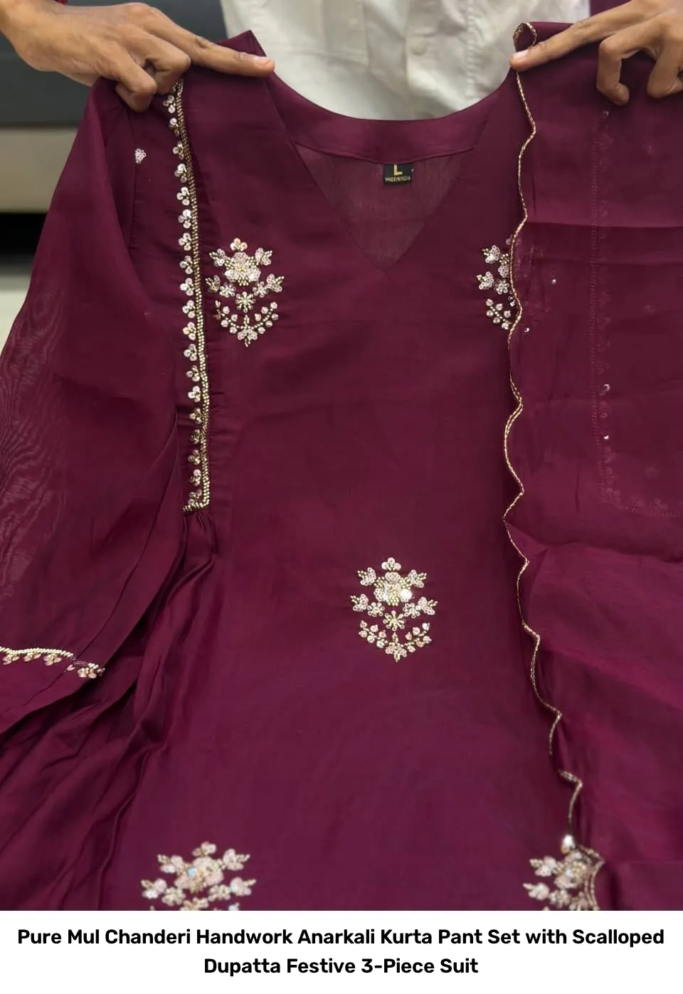 Pure Mul Chanderi Handwork Anarkali Kurta Pant Set with Scalloped Dupatta – Festive 3-Piece Suit 6