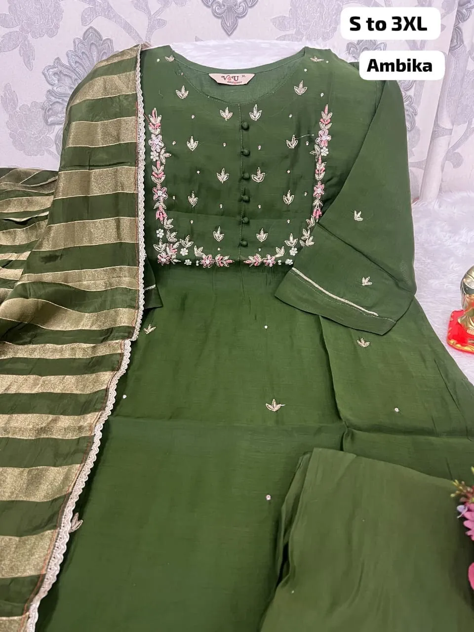 Pure Mul Chanderi Handwork Kurta Set with Zari Stripe Dupatta – Ambika Festive Collection