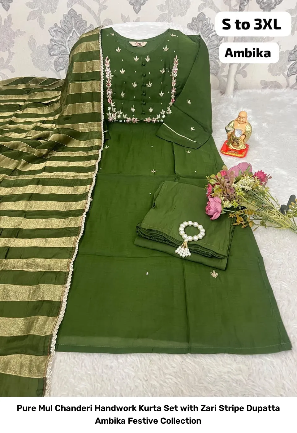Pure Mul Chanderi Handwork Kurta Set with Zari Stripe Dupatta – Ambika Festive Collection 2