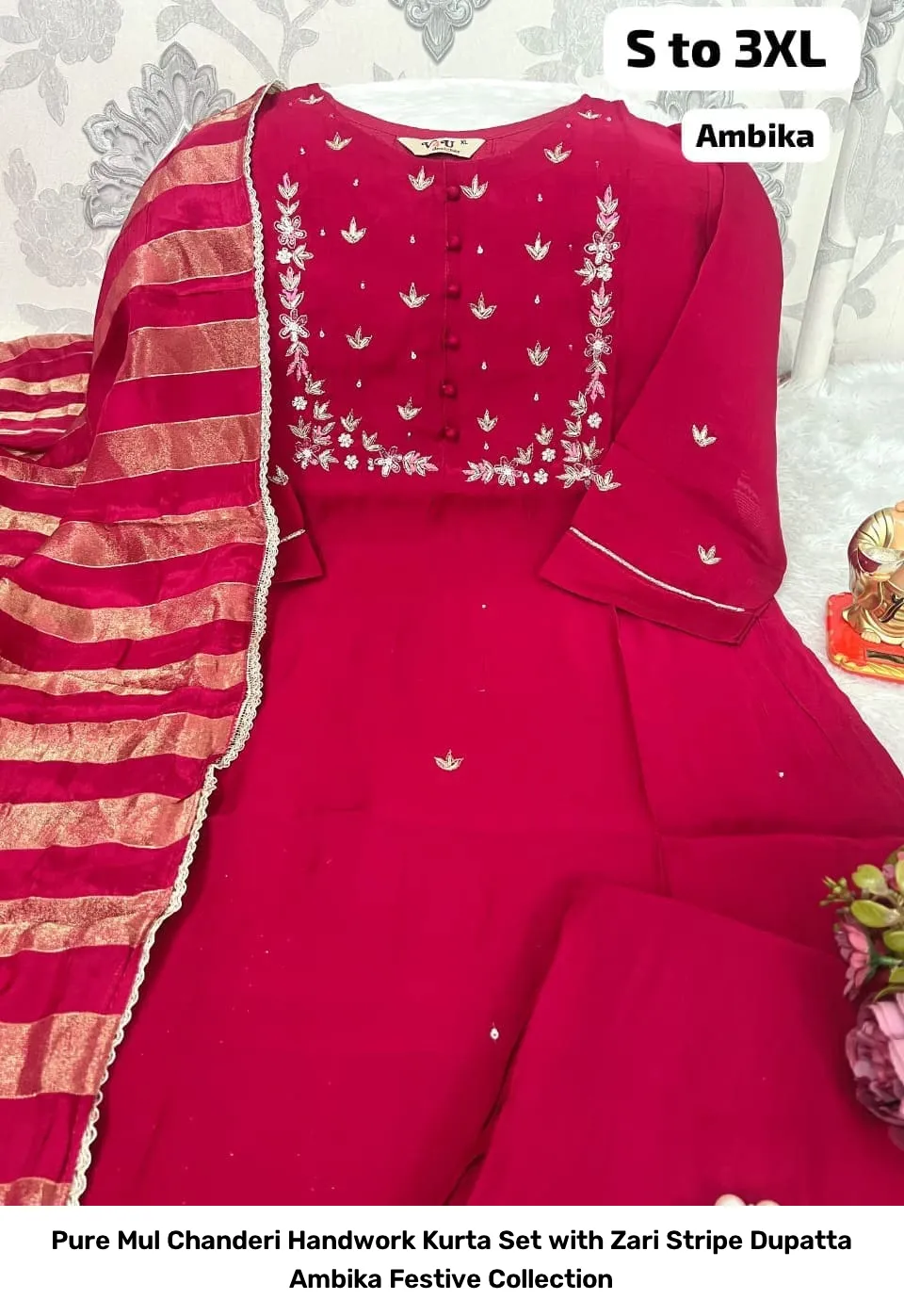 Pure Mul Chanderi Handwork Kurta Set with Zari Stripe Dupatta – Ambika Festive Collection 3