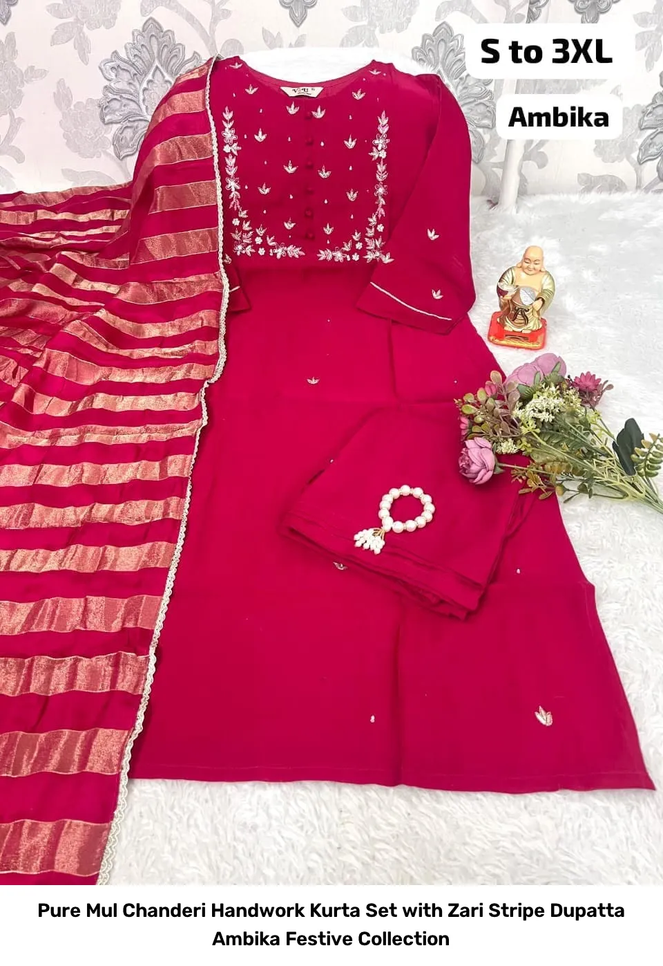 Pure Mul Chanderi Handwork Kurta Set with Zari Stripe Dupatta – Ambika Festive Collection 4