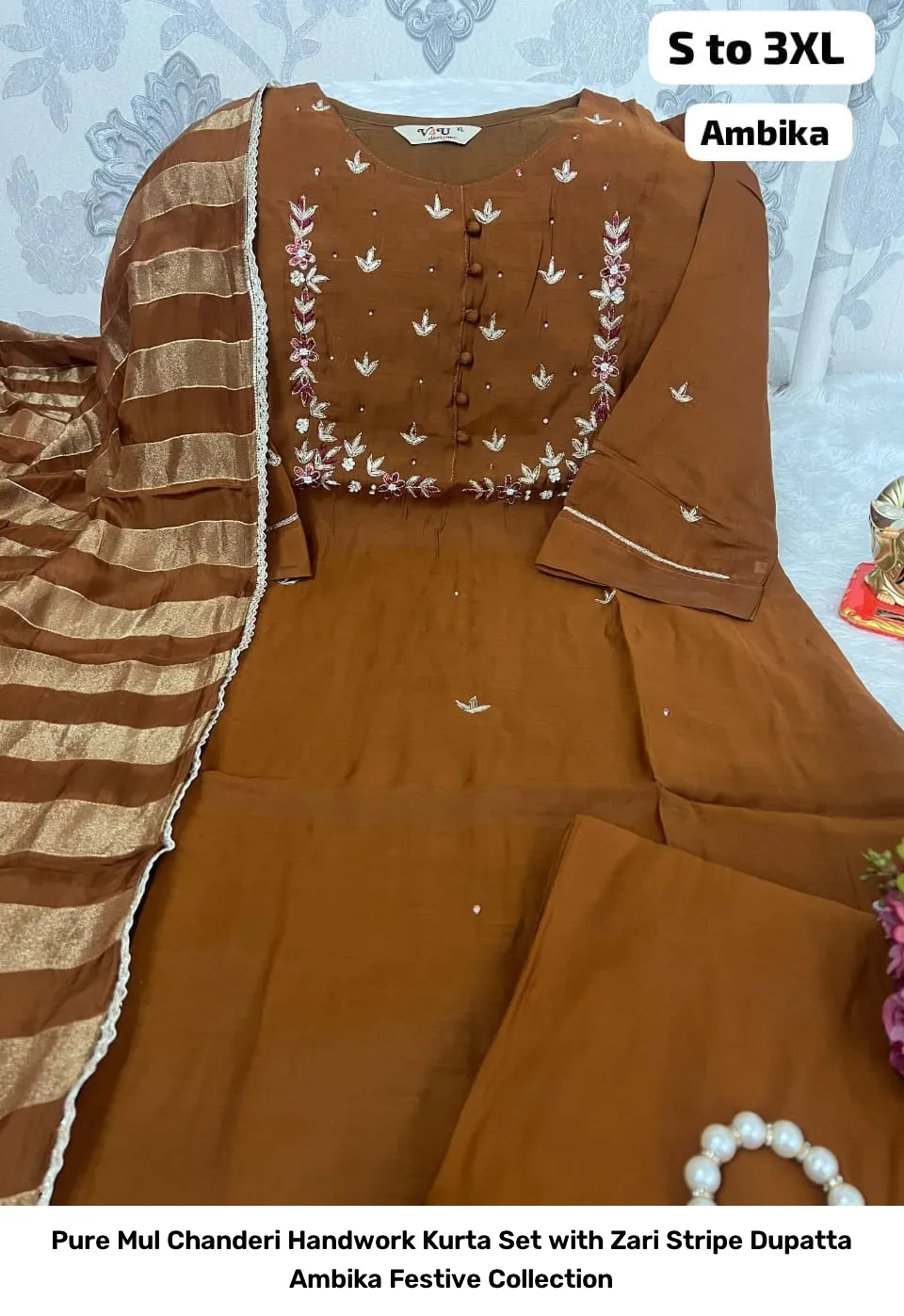 Pure Mul Chanderi Handwork Kurta Set with Zari Stripe Dupatta – Ambika Festive Collection 5