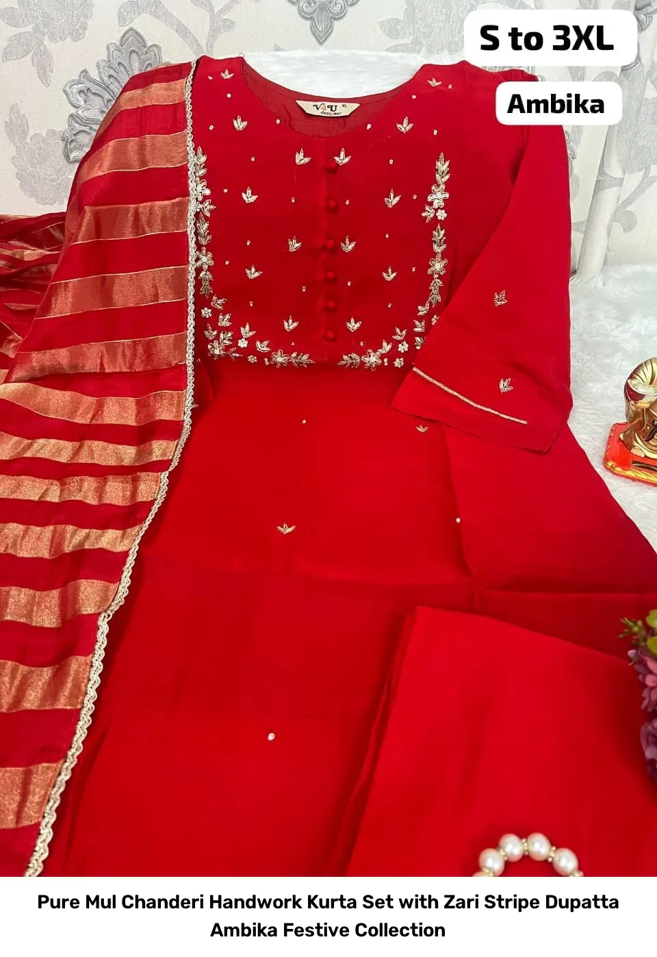 Pure Mul Chanderi Handwork Kurta Set with Zari Stripe Dupatta – Ambika Festive Collection 6