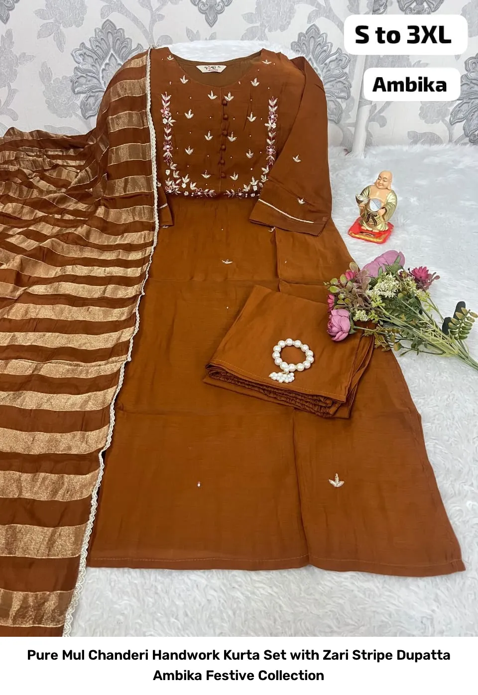 Pure Mul Chanderi Handwork Kurta Set with Zari Stripe Dupatta – Ambika Festive Collection 7