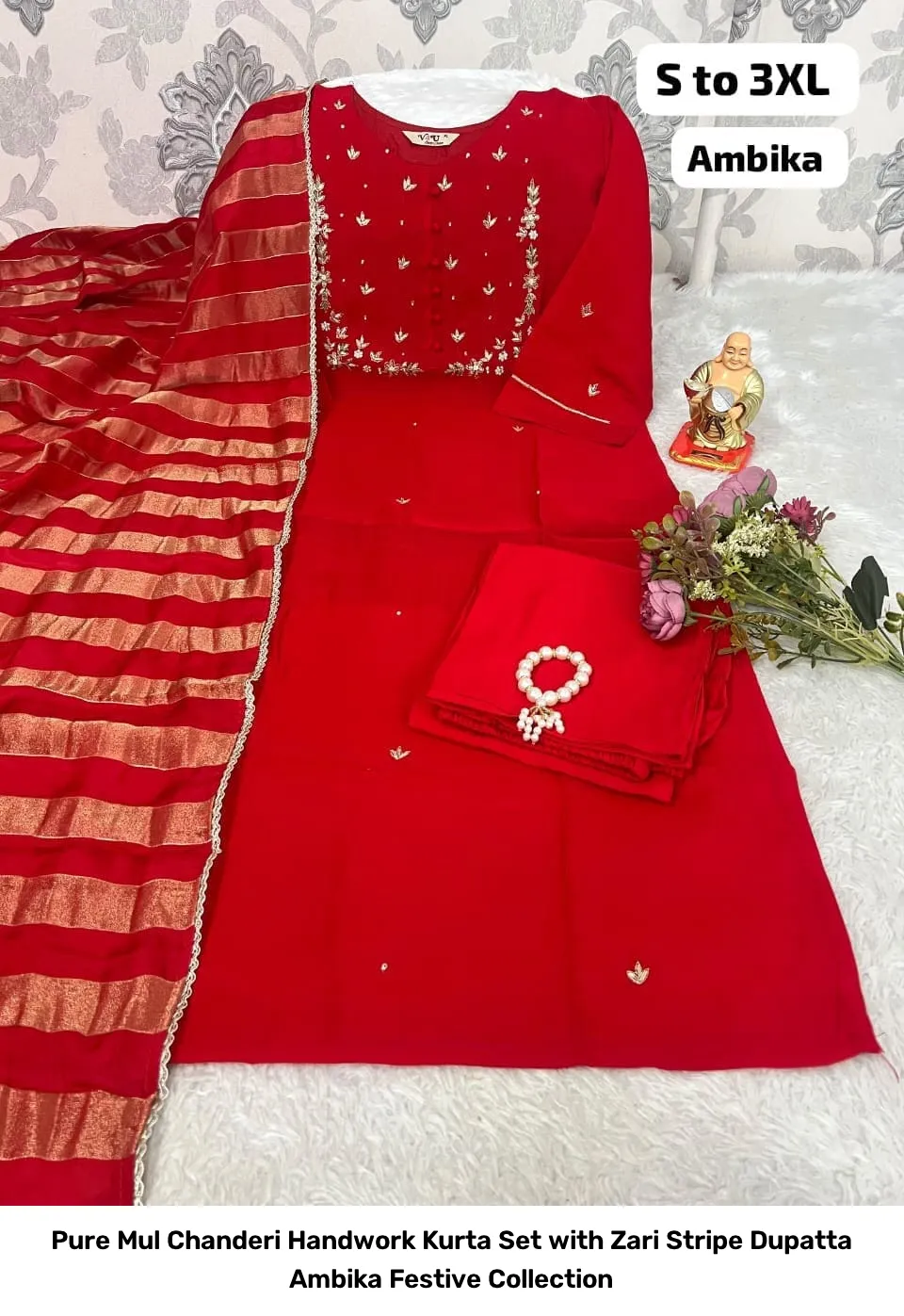 Pure Mul Chanderi Handwork Kurta Set with Zari Stripe Dupatta – Ambika Festive Collection 8