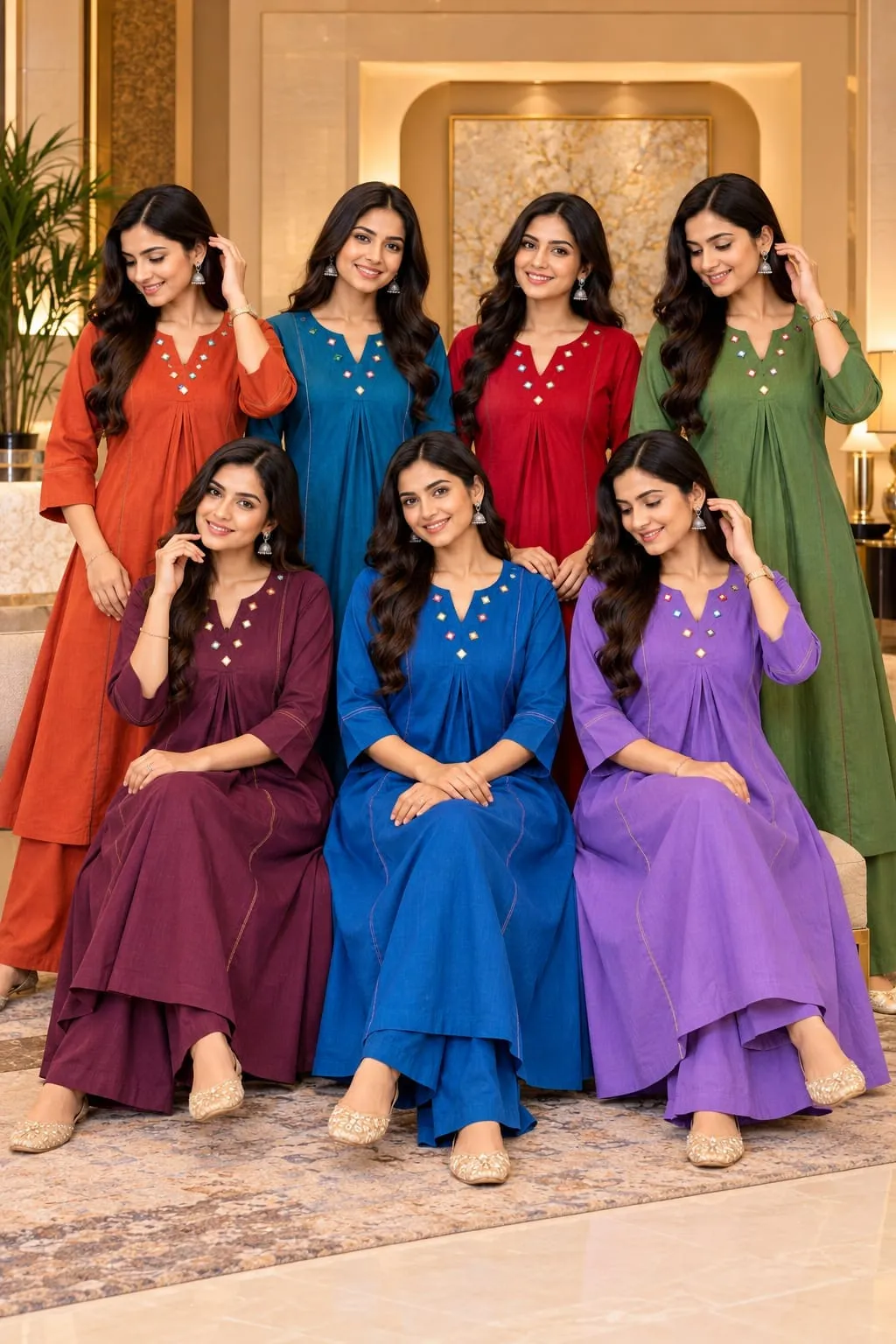 Pure Mul Cotton A-Line Kurta Pant Set with Mirror Work Neck