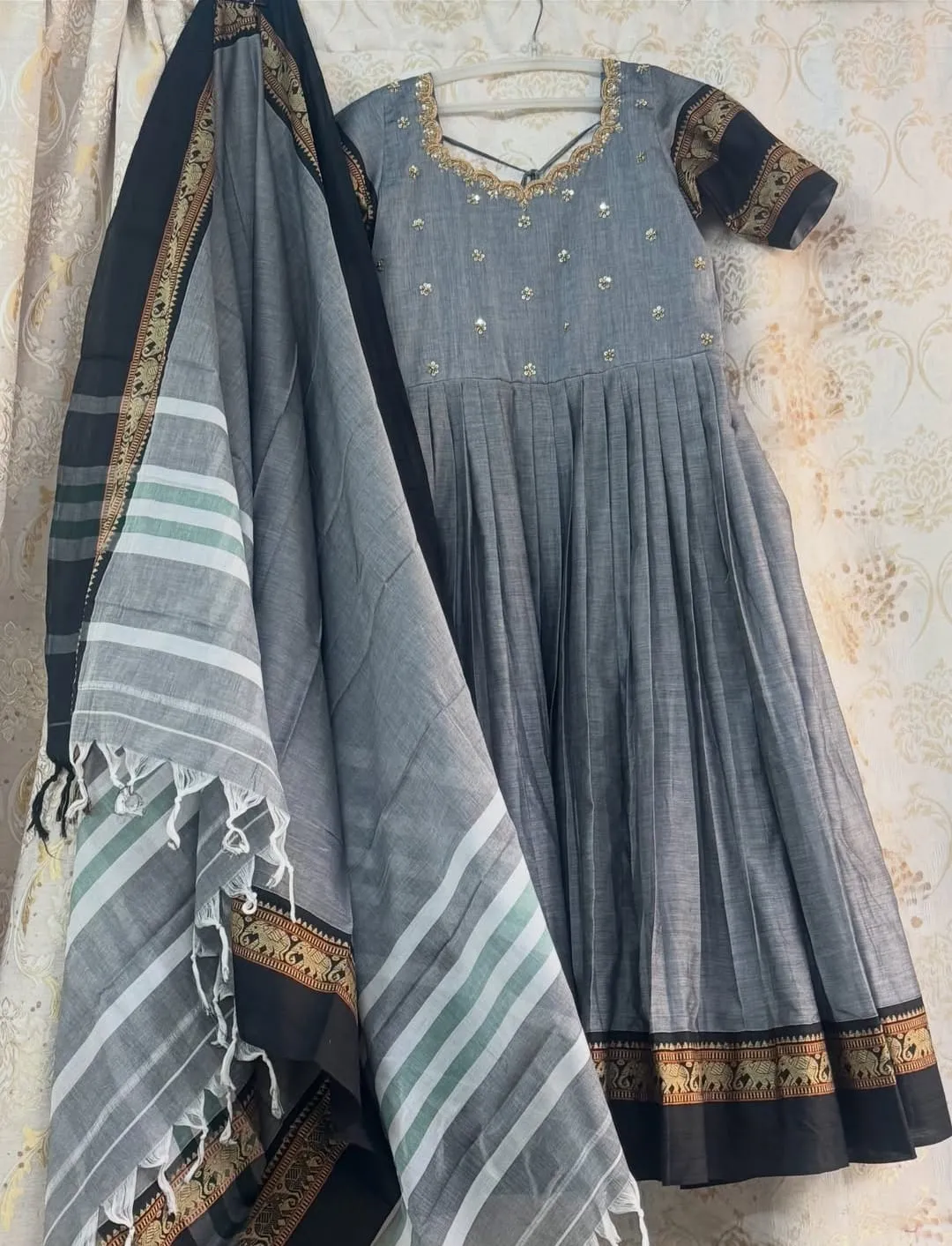 Pure Narayanpet Handloom Cotton Silk Anarkali Dress with Dupatta | Maggam Work Scalloped Neck & Elephant Border Flared Ethnic Gown Set