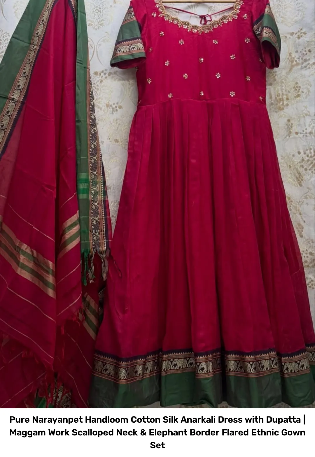 Pure Narayanpet Handloom Cotton Silk Anarkali Dress with Dupatta | Maggam Work Scalloped Neck & Elephant Border Flared Ethnic Gown Set 2