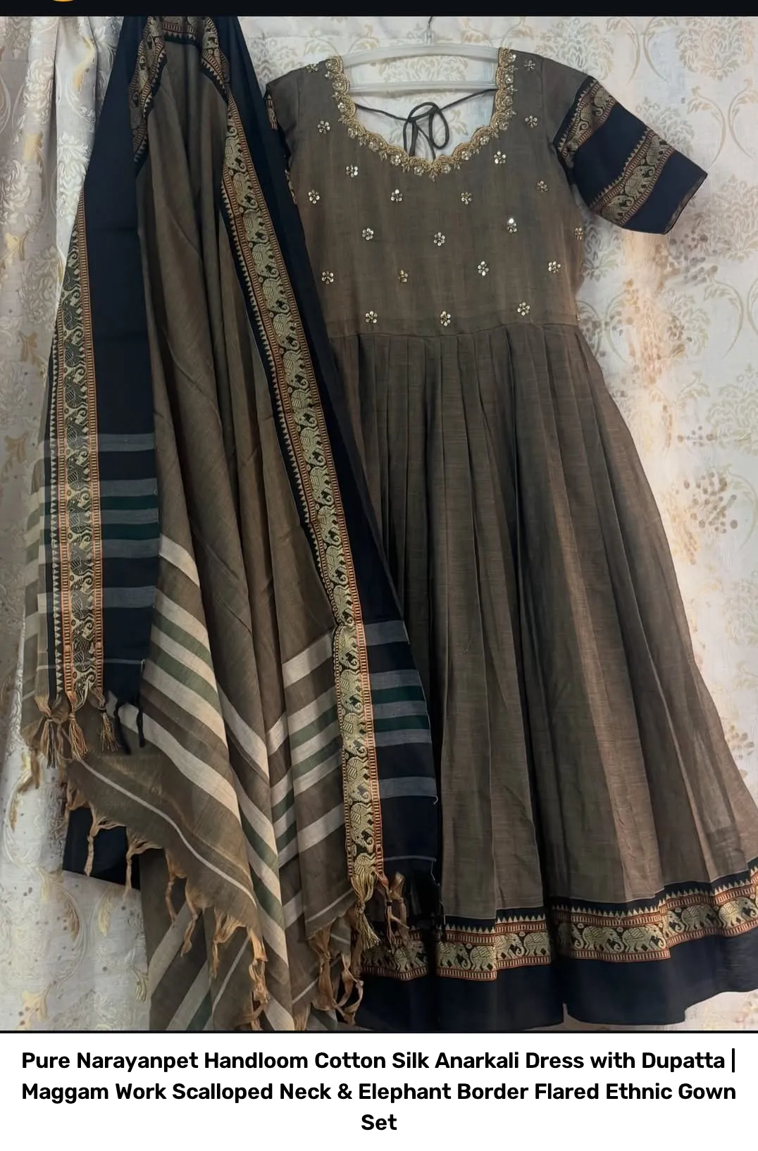 Pure Narayanpet Handloom Cotton Silk Anarkali Dress with Dupatta | Maggam Work Scalloped Neck & Elephant Border Flared Ethnic Gown Set 3