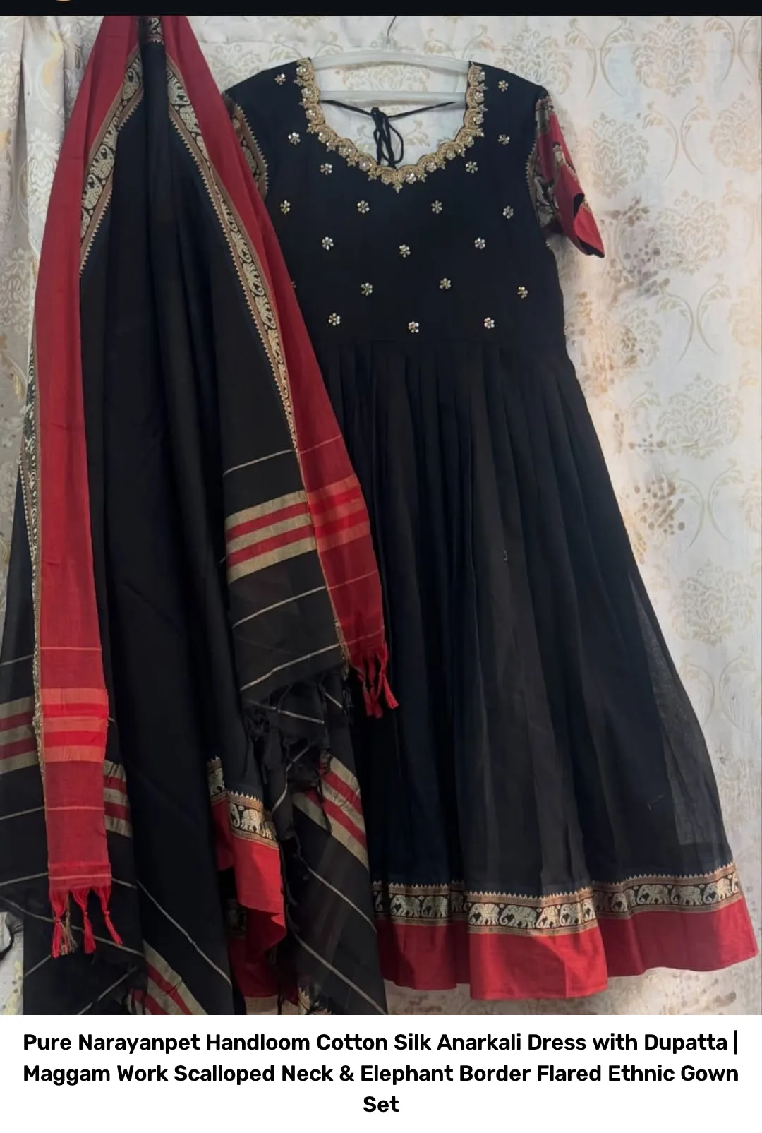 Pure Narayanpet Handloom Cotton Silk Anarkali Dress with Dupatta | Maggam Work Scalloped Neck & Elephant Border Flared Ethnic Gown Set 4