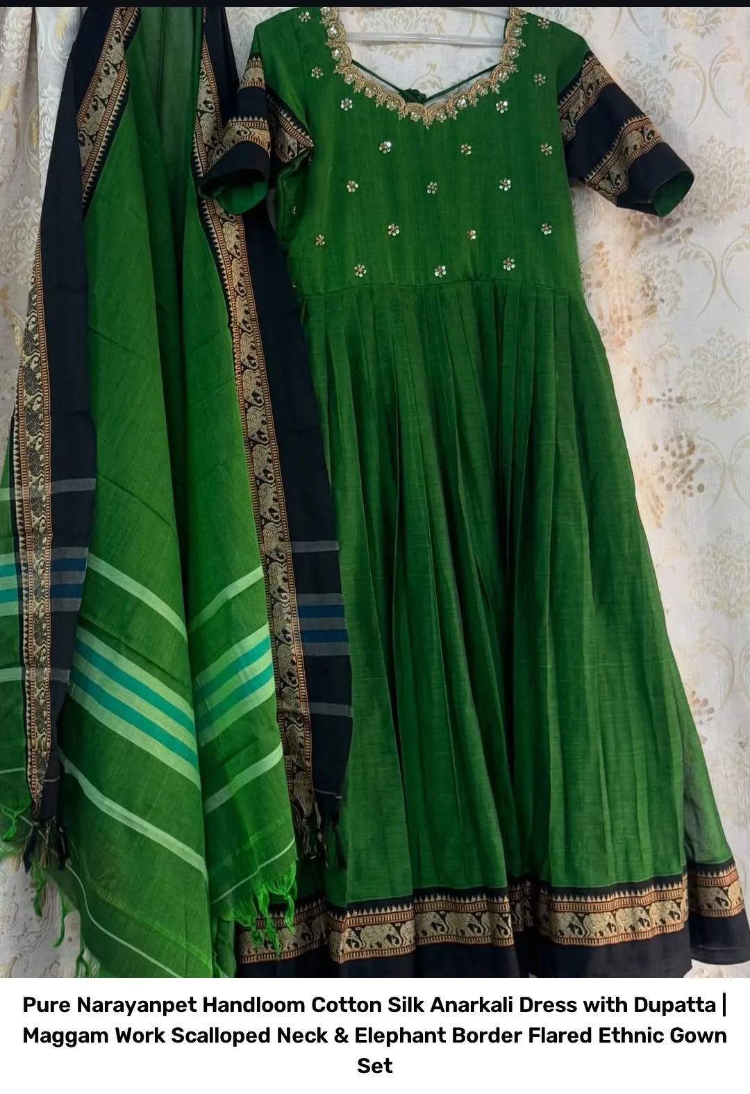 Pure Narayanpet Handloom Cotton Silk Anarkali Dress with Dupatta | Maggam Work Scalloped Neck & Elephant Border Flared Ethnic Gown Set 5