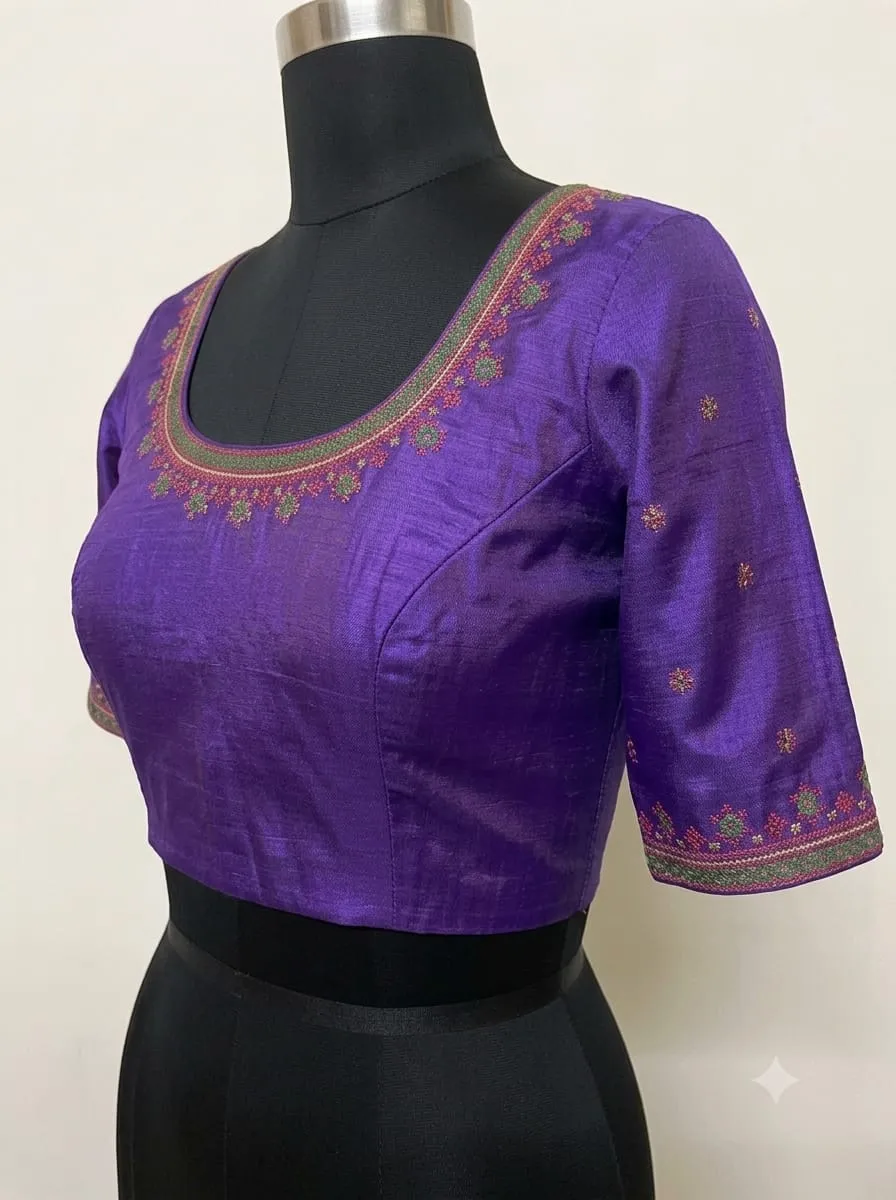 Pure Raw Silk Readymade Blouse – Gujarati Kutchi Hand Embroidery & Mirror Work Saree Blouse with Deep Round Back