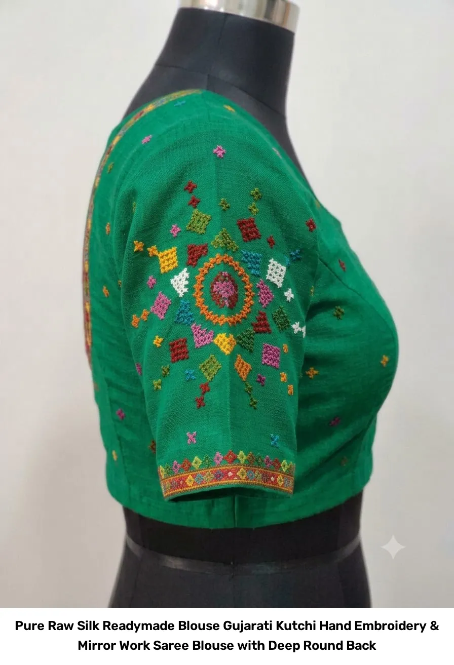 Pure Raw Silk Readymade Blouse – Gujarati Kutchi Hand Embroidery & Mirror Work Saree Blouse with Deep Round Back 2