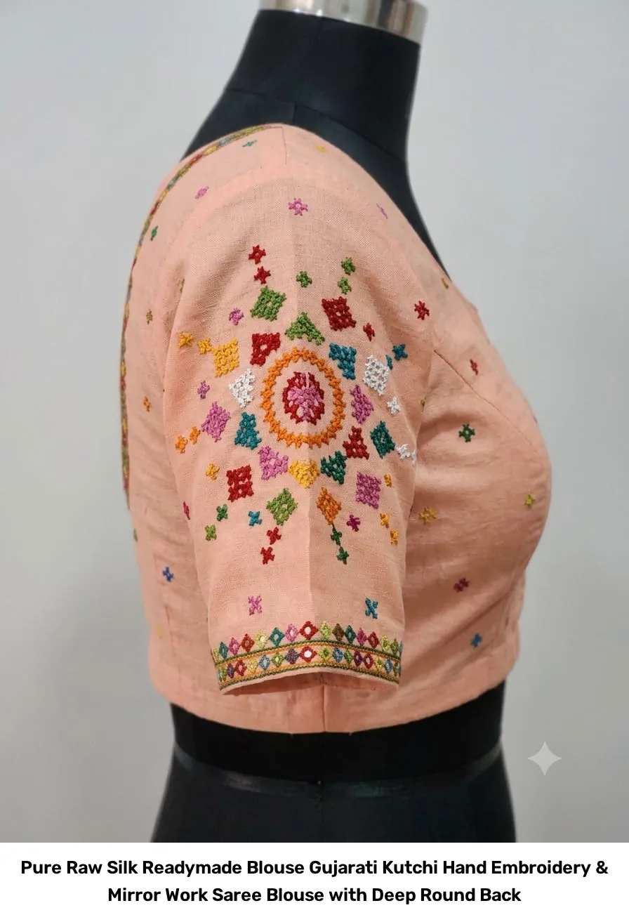 Pure Raw Silk Readymade Blouse – Gujarati Kutchi Hand Embroidery & Mirror Work Saree Blouse with Deep Round Back 3