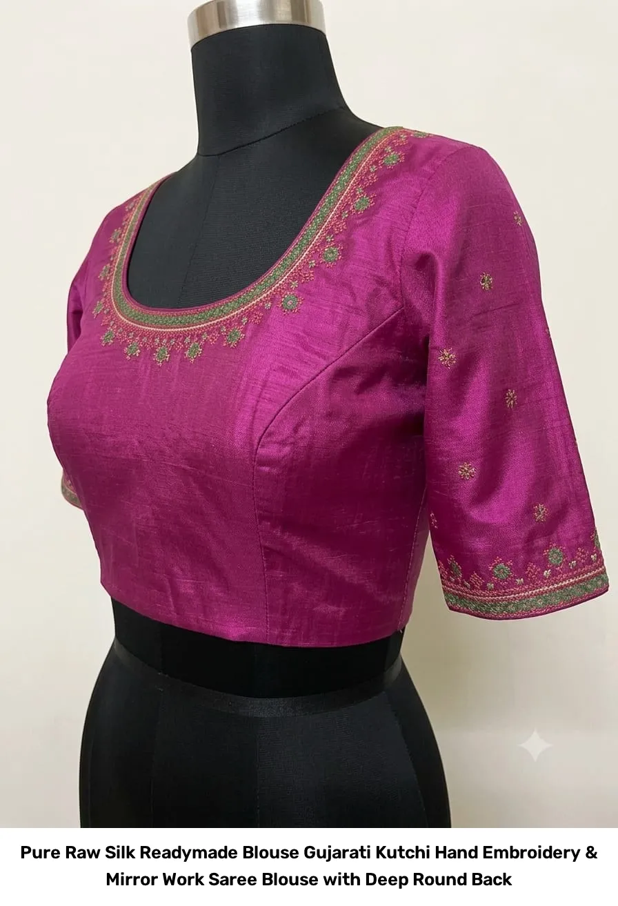 Pure Raw Silk Readymade Blouse – Gujarati Kutchi Hand Embroidery & Mirror Work Saree Blouse with Deep Round Back 4