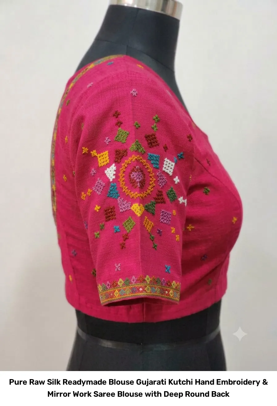 Pure Raw Silk Readymade Blouse – Gujarati Kutchi Hand Embroidery & Mirror Work Saree Blouse with Deep Round Back 5