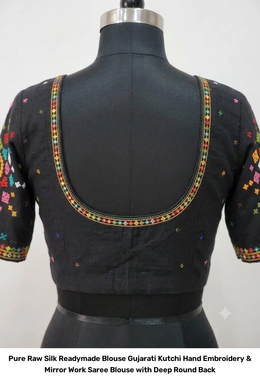 Pure Raw Silk Readymade Blouse – Gujarati Kutchi Hand Embroidery & Mirror Work Saree Blouse with Deep Round Back 6