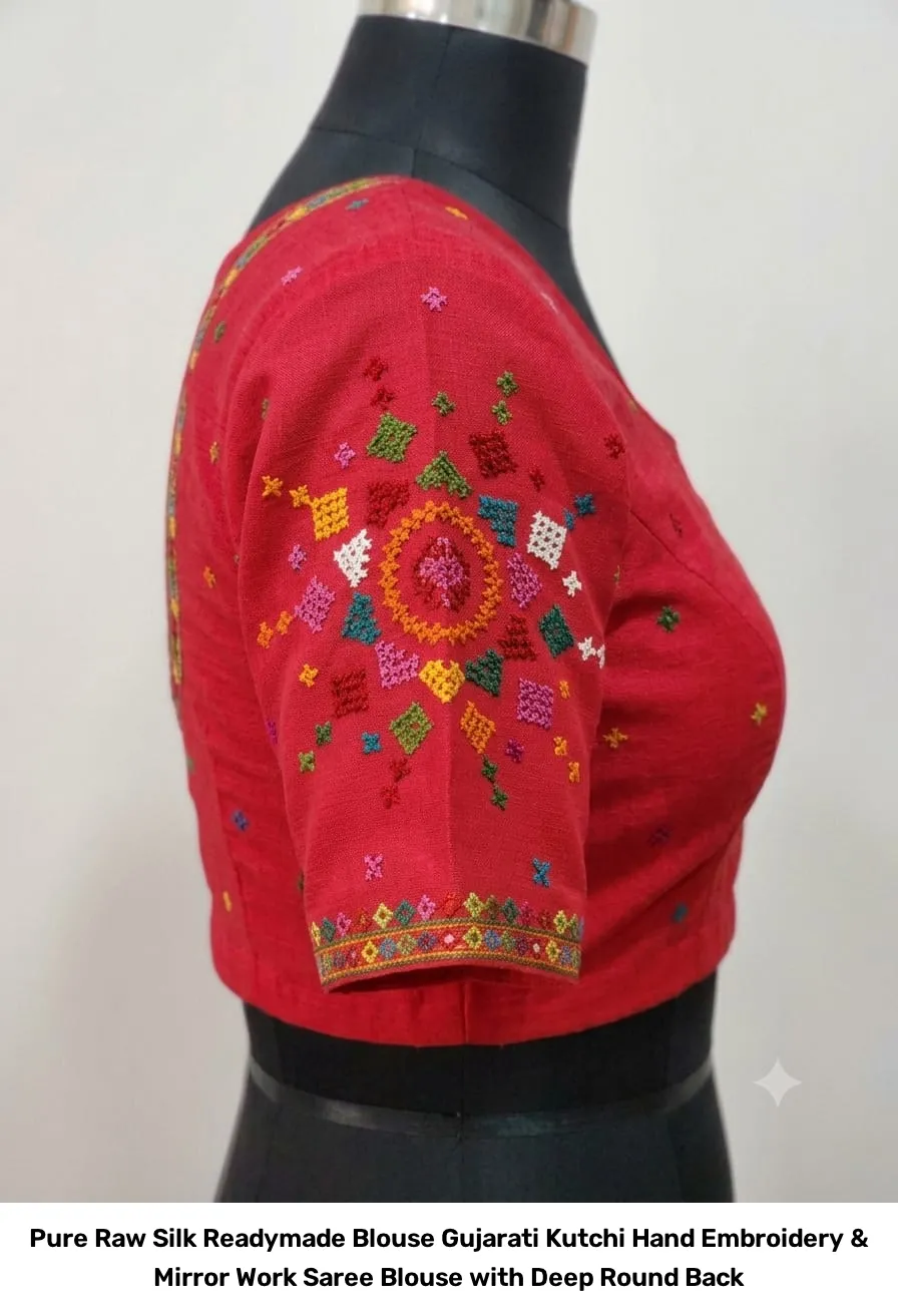 Pure Raw Silk Readymade Blouse – Gujarati Kutchi Hand Embroidery & Mirror Work Saree Blouse with Deep Round Back 7