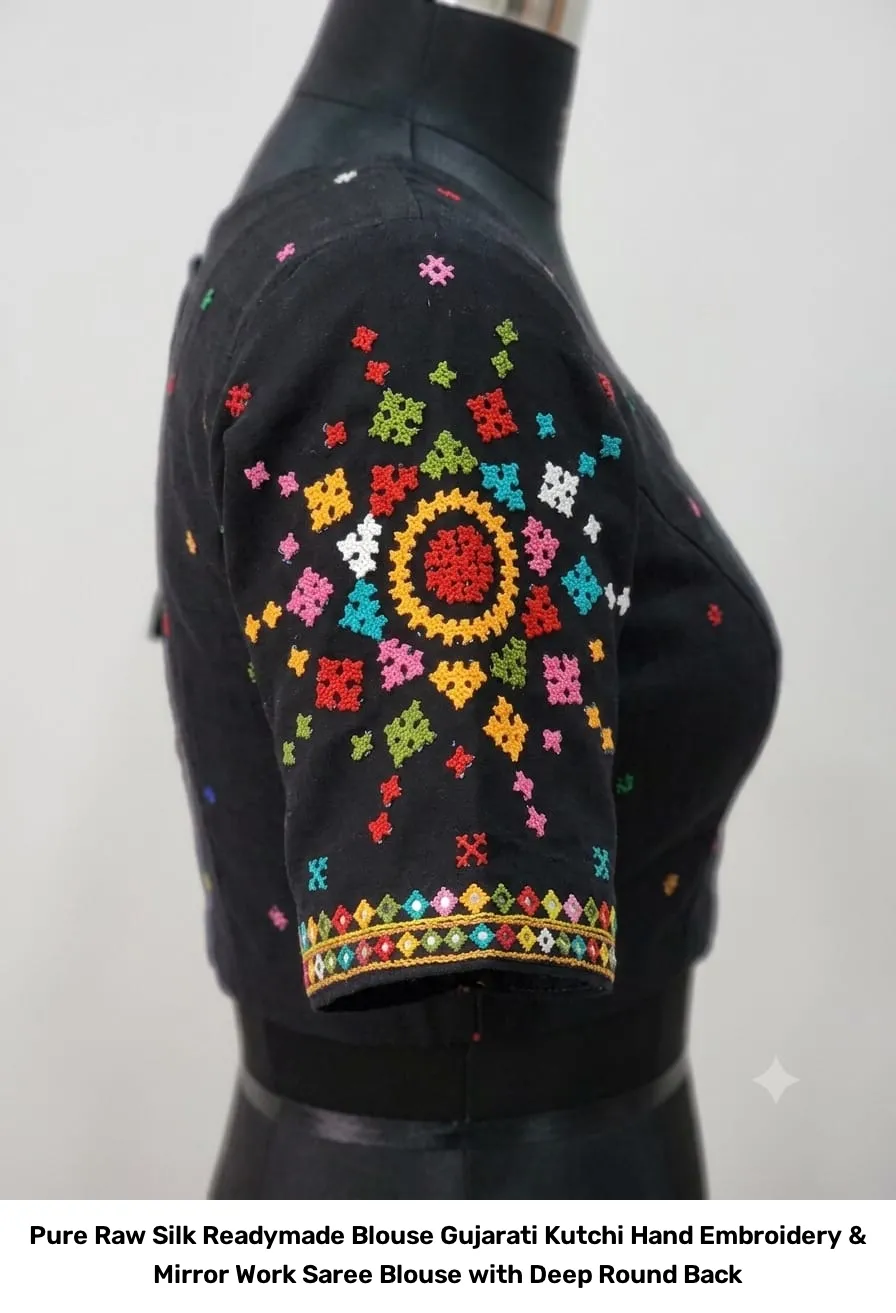 Pure Raw Silk Readymade Blouse – Gujarati Kutchi Hand Embroidery & Mirror Work Saree Blouse with Deep Round Back 8