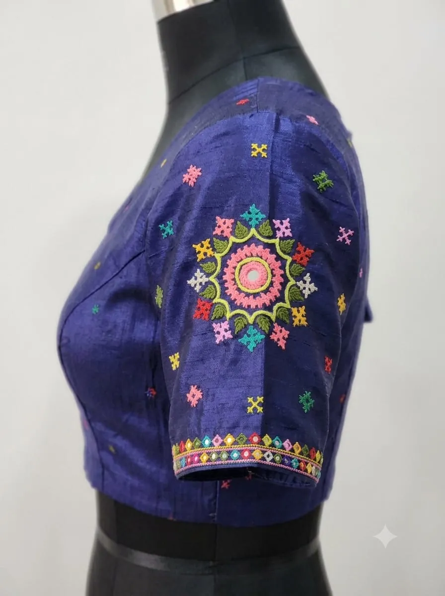 Pure Raw Silk Readymade Blouse – Gujarati Mandala Thread Embroidery & Mirror Work Saree Blouse with Deep Round Back