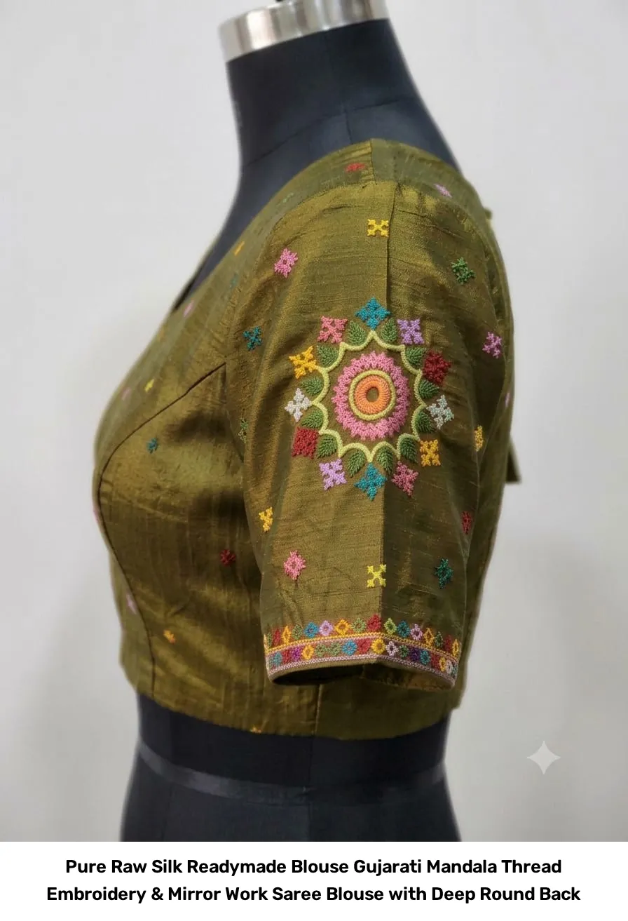 Pure Raw Silk Readymade Blouse – Gujarati Mandala Thread Embroidery & Mirror Work Saree Blouse with Deep Round Back 4