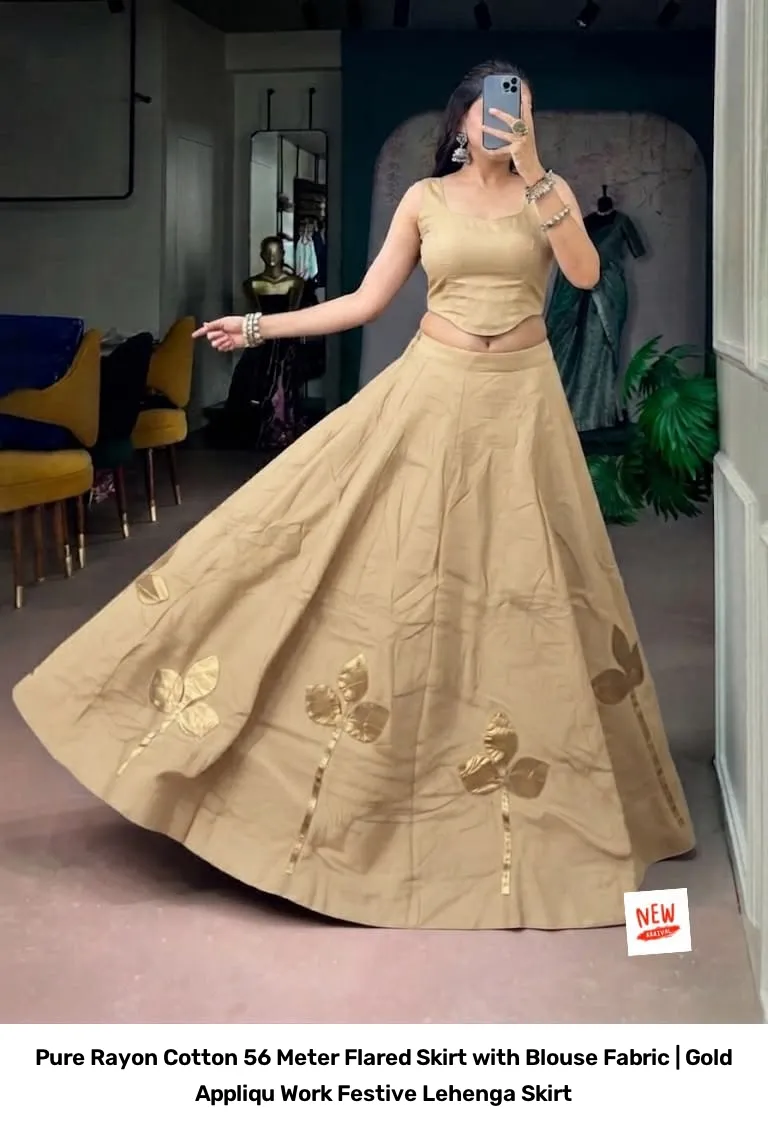 Pure Rayon Cotton 5–6 Meter Flared Skirt with Blouse Fabric | Gold Appliqué Work Festive Lehenga Skirt 2