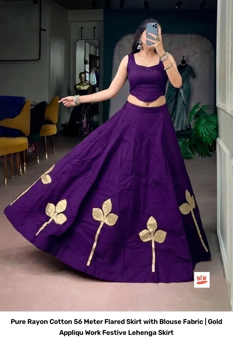 Pure Rayon Cotton 5–6 Meter Flared Skirt with Blouse Fabric | Gold Appliqué Work Festive Lehenga Skirt 3